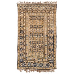 Antique Kuba Caucasian Tan and Blue Handmade Wool Floor Rug, Late 1800s