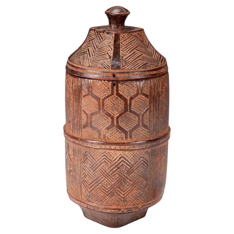 African Tribal Basketry Container with Ancient Trade Beads Interior ...