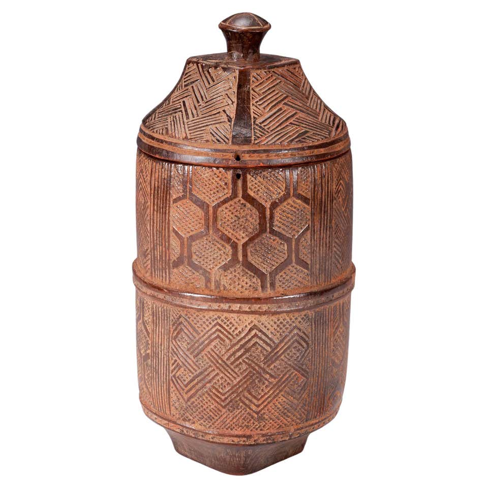 Traditional Container African Tribal Basketry Container with Ancient Trade Beads Interior ...