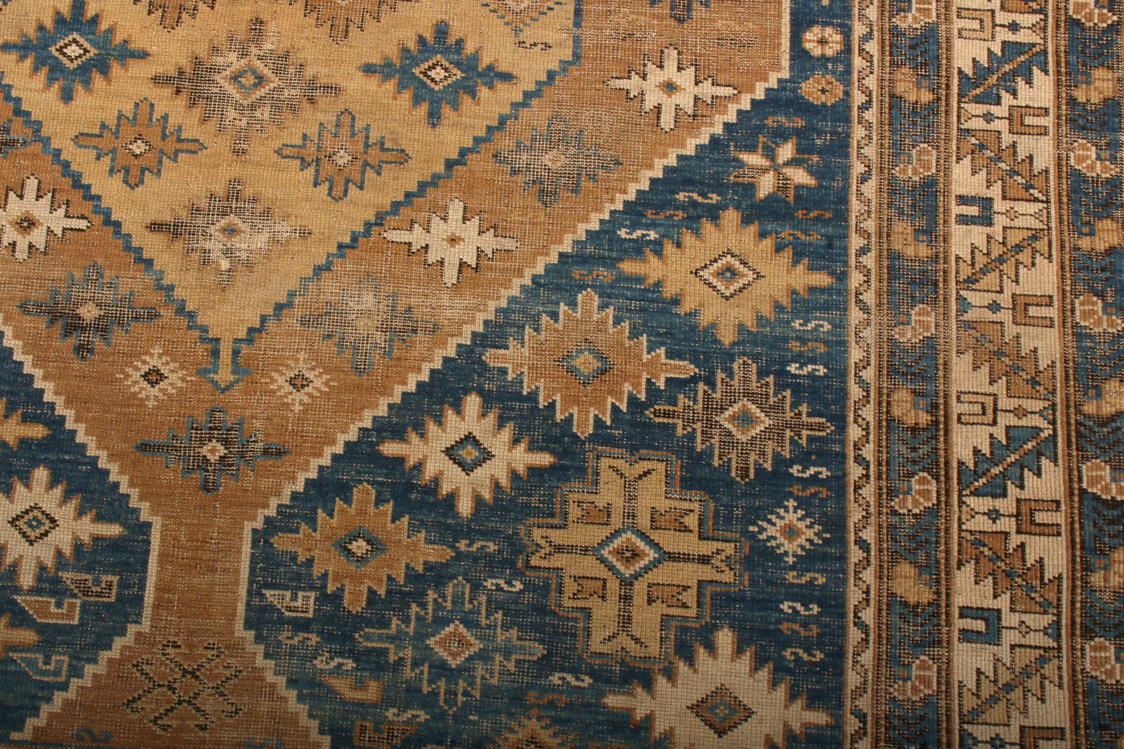 Russian Antique Kuba Rug Beige Brown Blue Medallion Style Pattern by Rug & Kilim For Sale