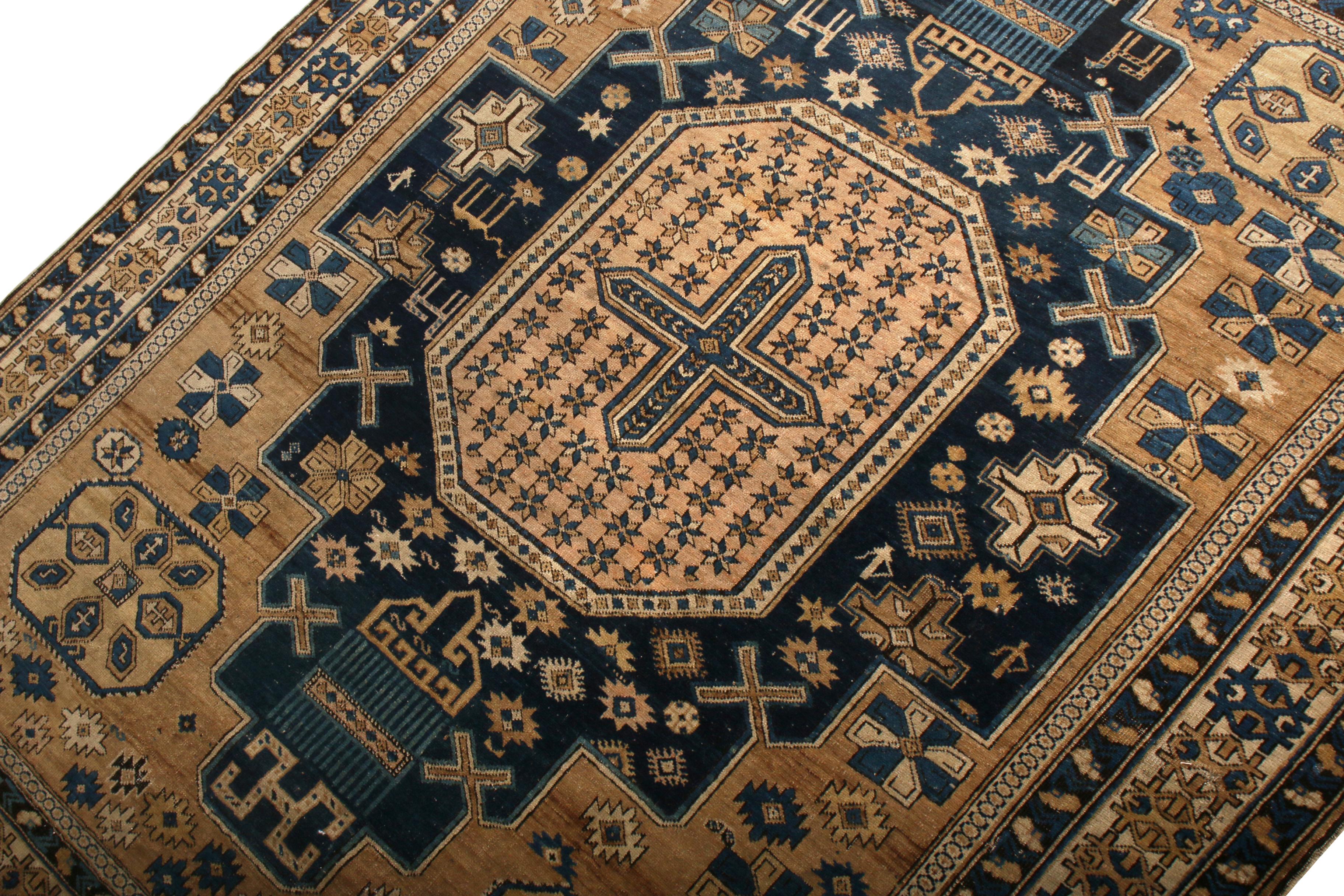 Tribal Antique Kuba Rug Beige-Brown Gold & Blue Medallion Style Pattern by Rug & Kilim For Sale