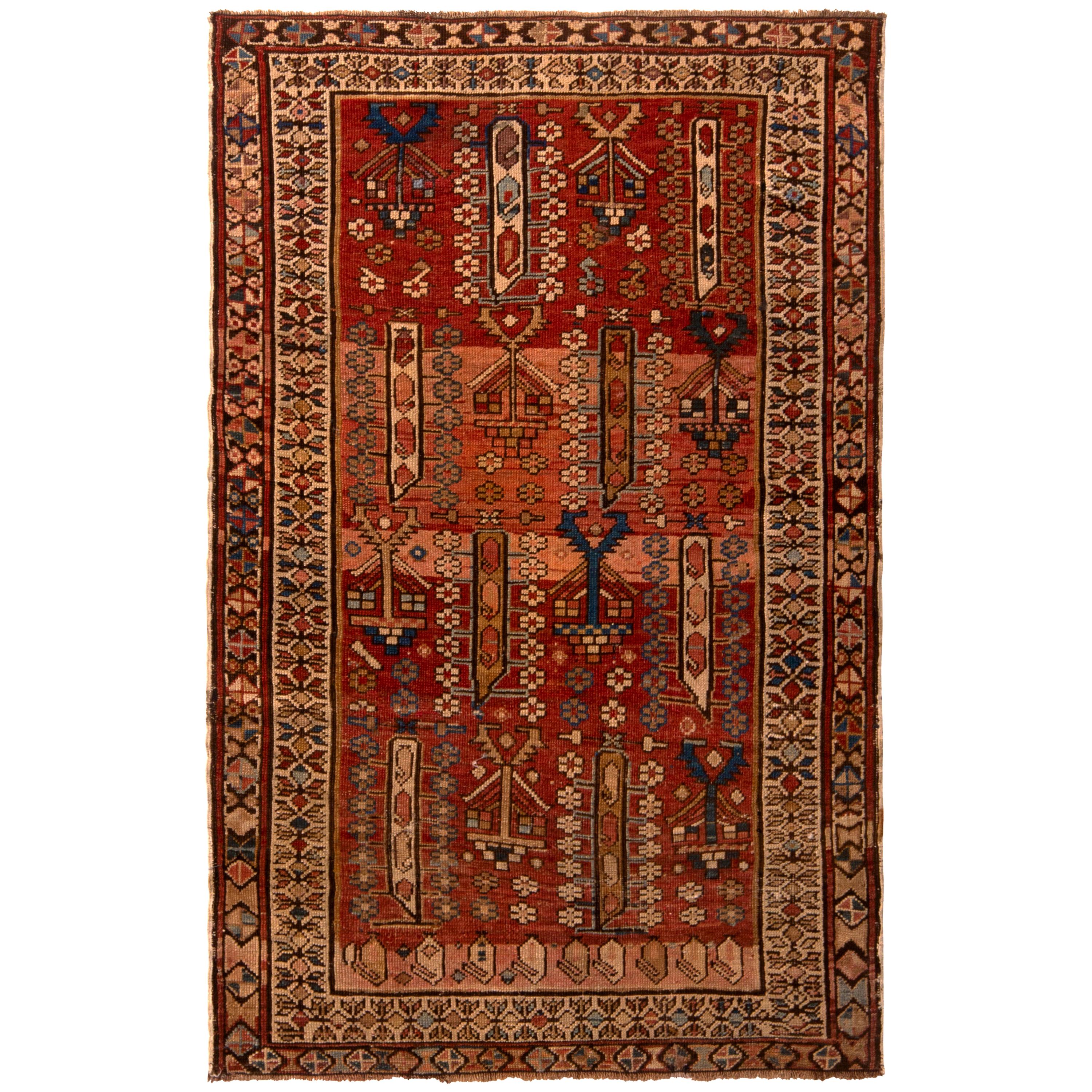 Antique Kuba Rug Beige Red Boteh Tribal Patterns with Pink Accent by Rug & Kilim For Sale