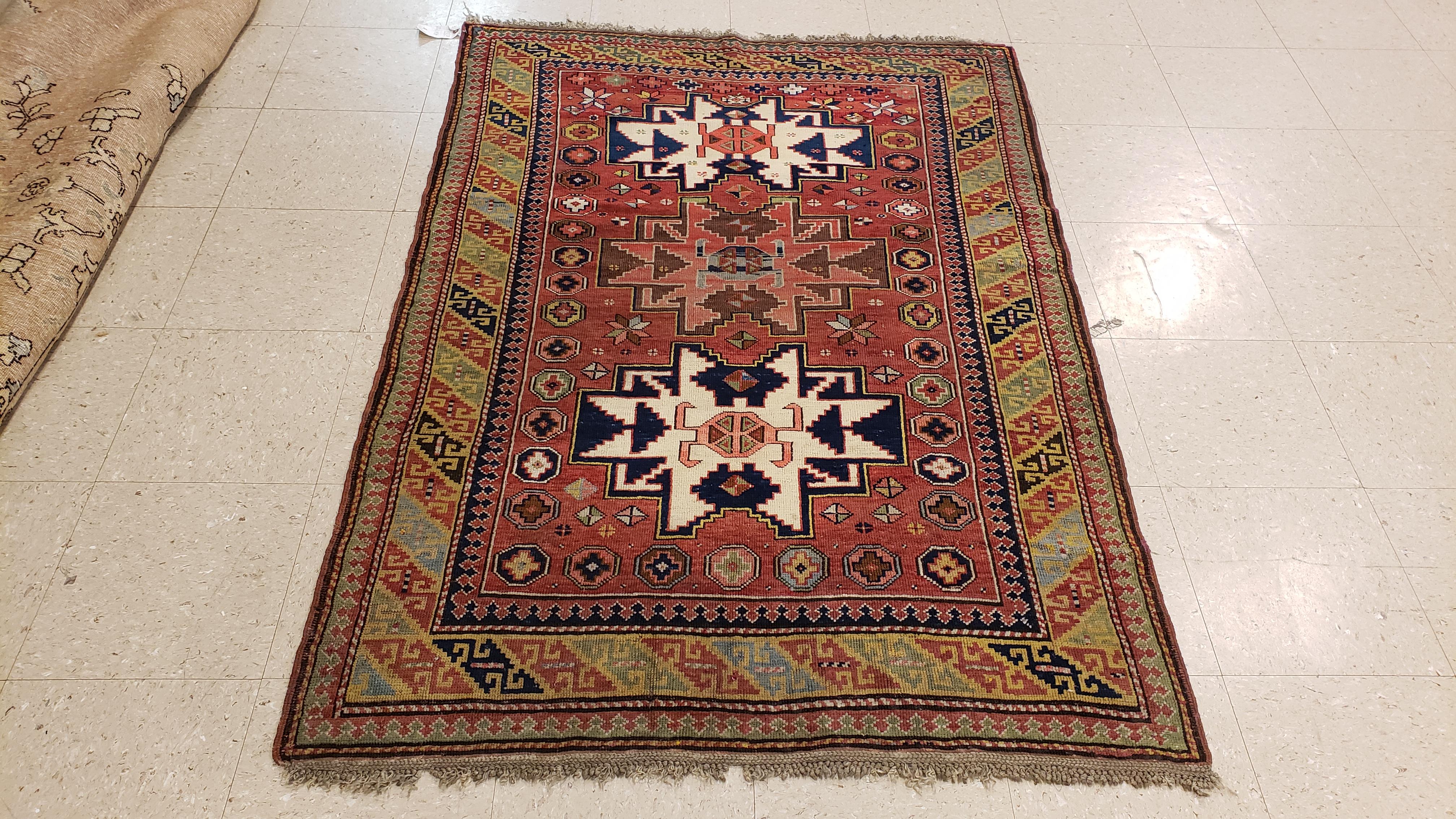 20th Century Antique Kuba Rug, Handmade Oriental Rug, Red, Green, Yellow, Ivory, Blue, White For Sale
