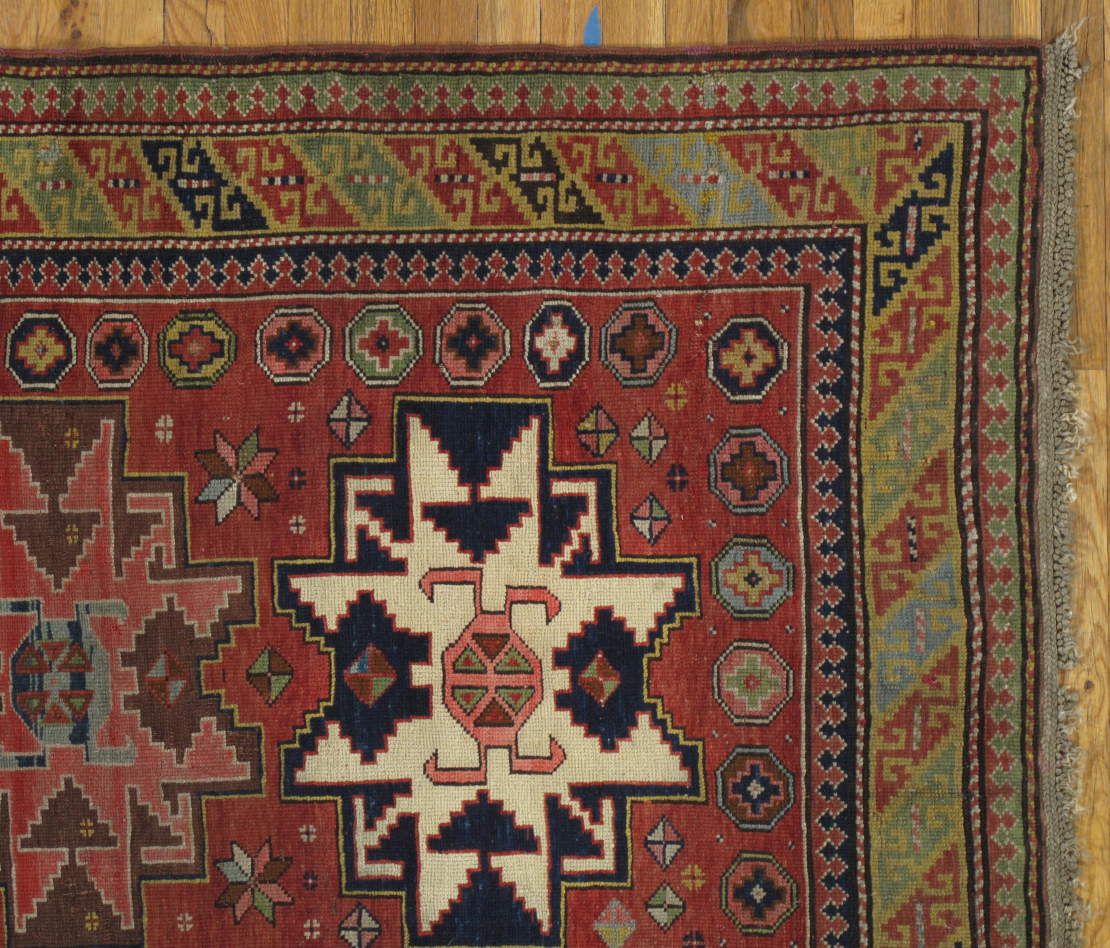 Wool Antique Kuba Rug, Handmade Oriental Rug, Red, Green, Yellow, Ivory, Blue, White For Sale