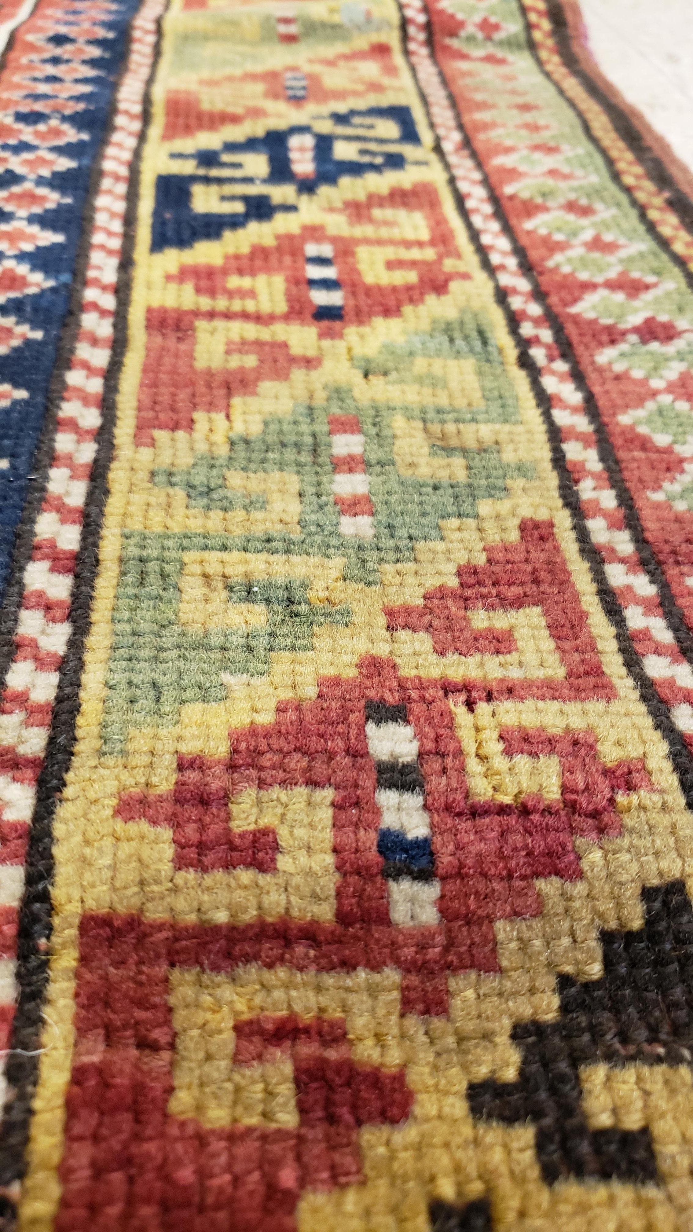 Kazak Antique Kuba Rug, Handmade Oriental Rug, Red, Green, Yellow, Ivory, Blue, White For Sale