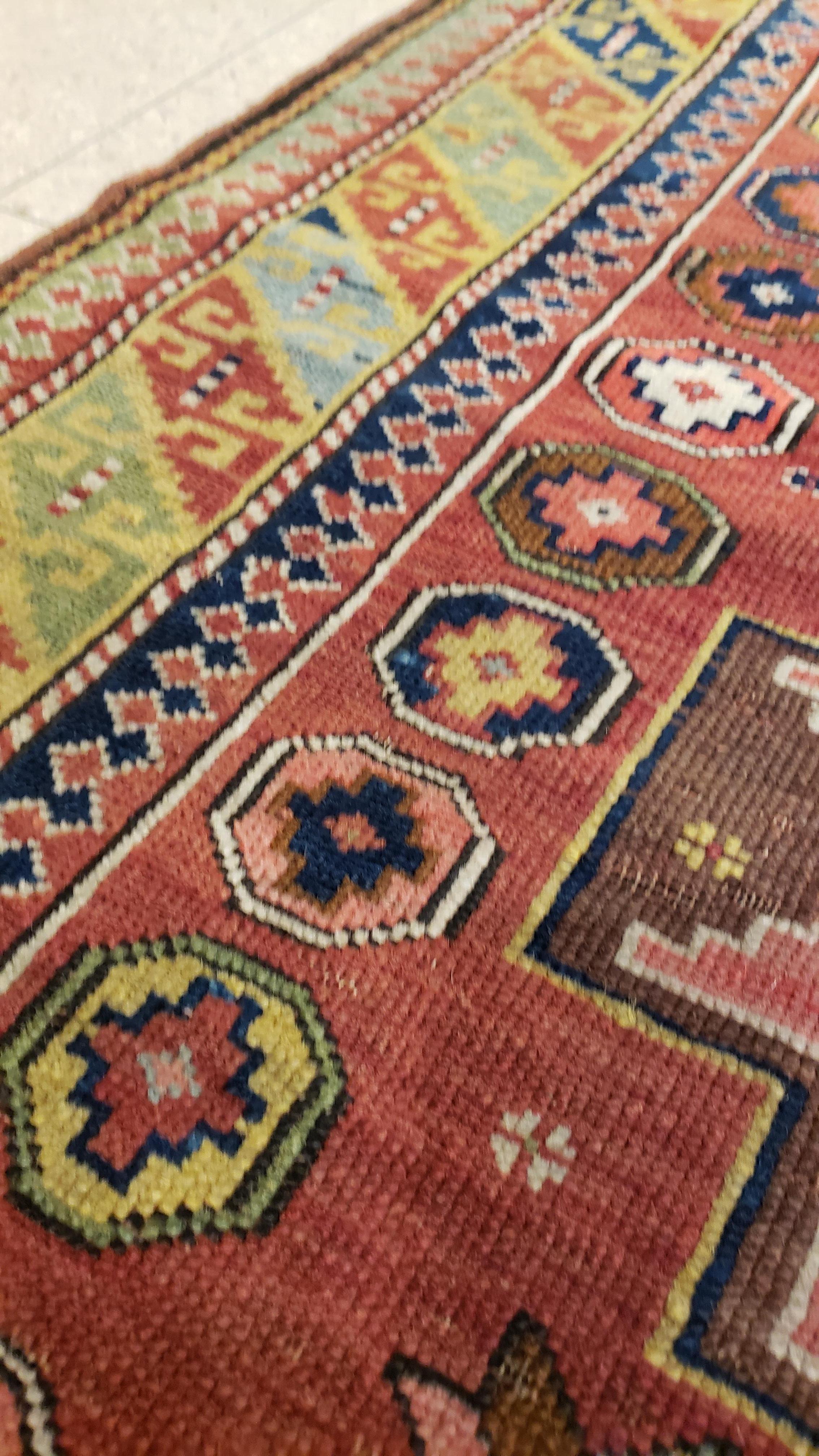 Russian Antique Kuba Rug, Handmade Oriental Rug, Red, Green, Yellow, Ivory, Blue, White For Sale