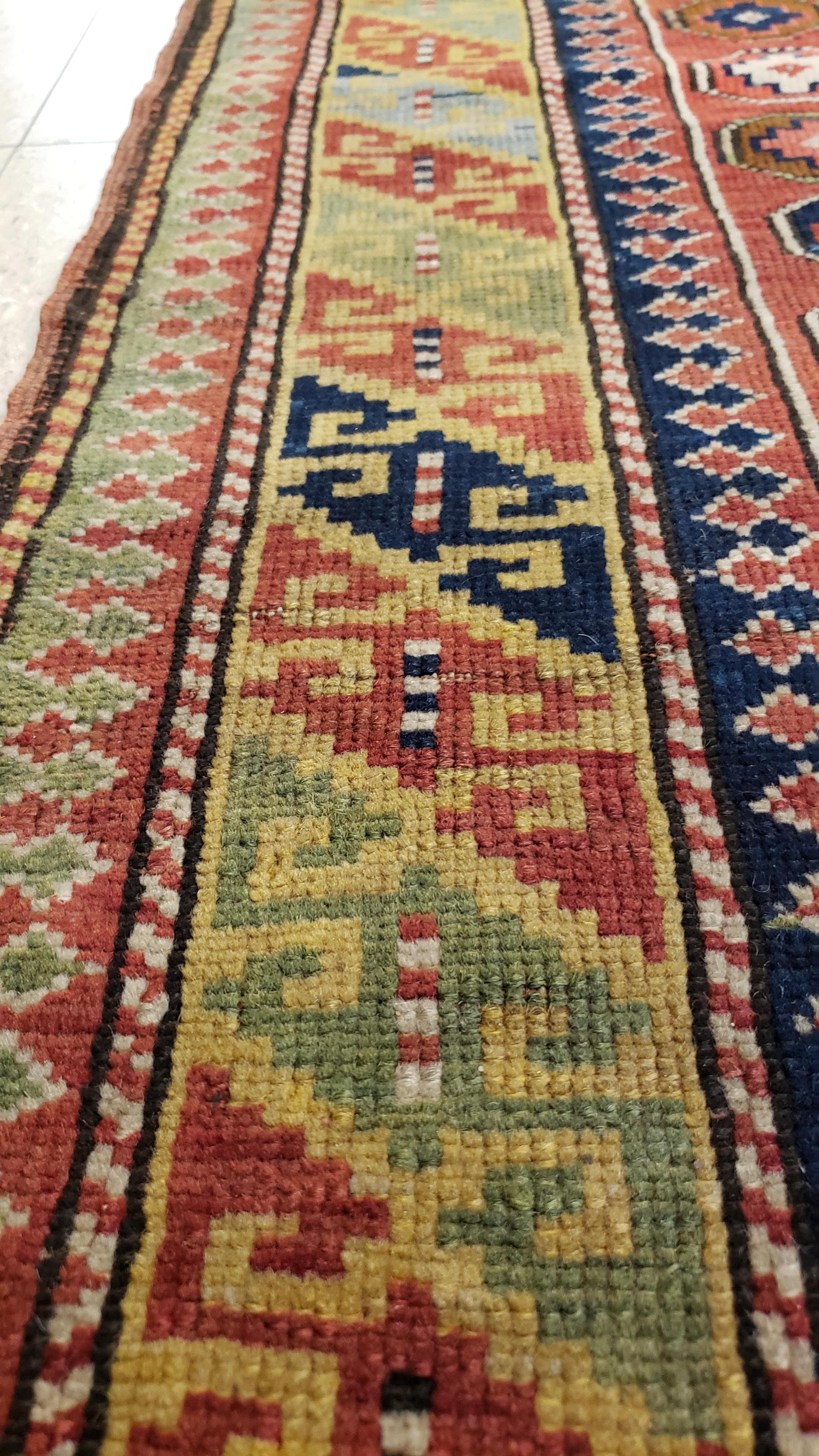 Antique Kuba Rug, Handmade Oriental Rug, Red, Green, Yellow, Ivory, Blue, White In Excellent Condition For Sale In Port Washington, NY