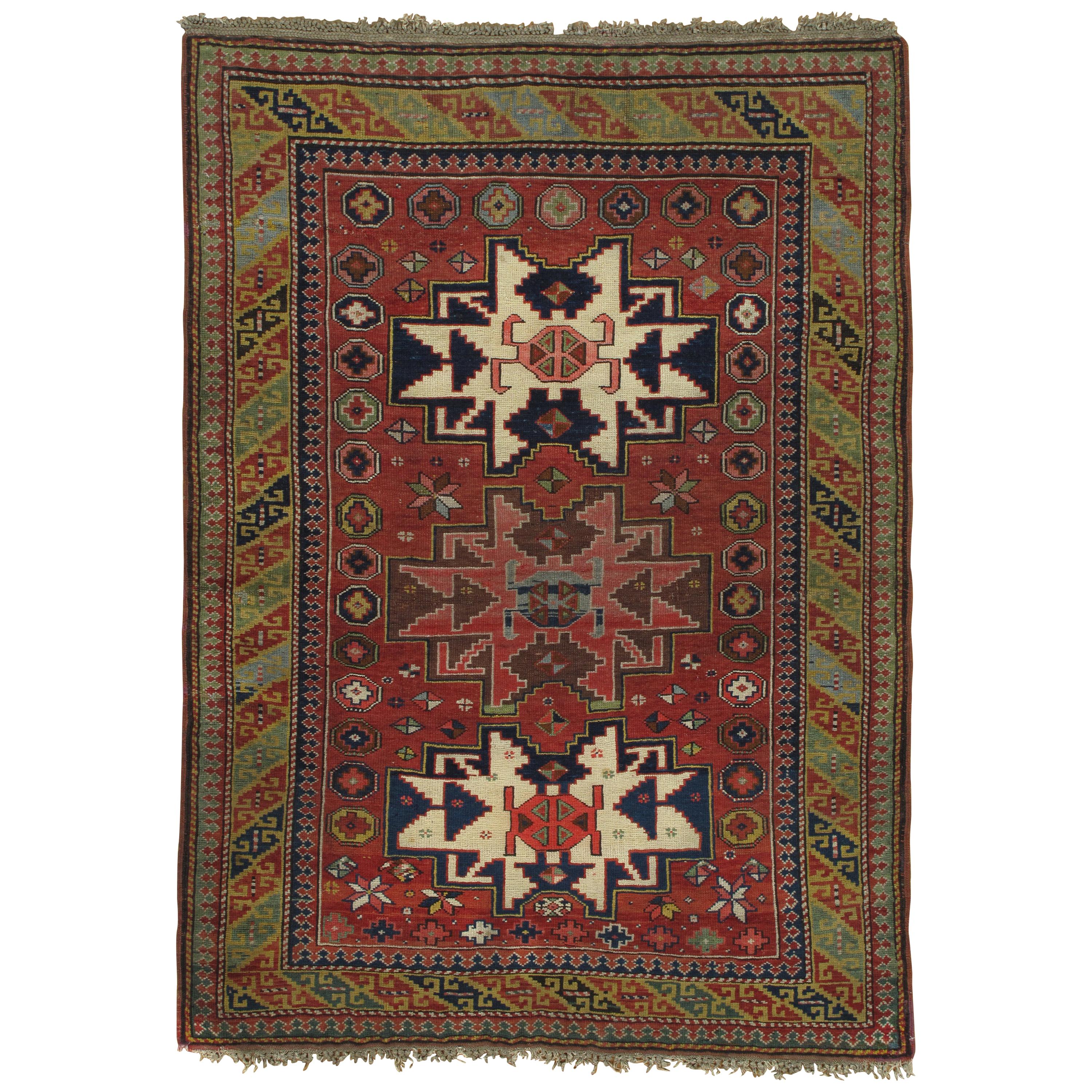 Antique Kuba Rug, Handmade Oriental Rug, Red, Green, Yellow, Ivory, Blue, White For Sale