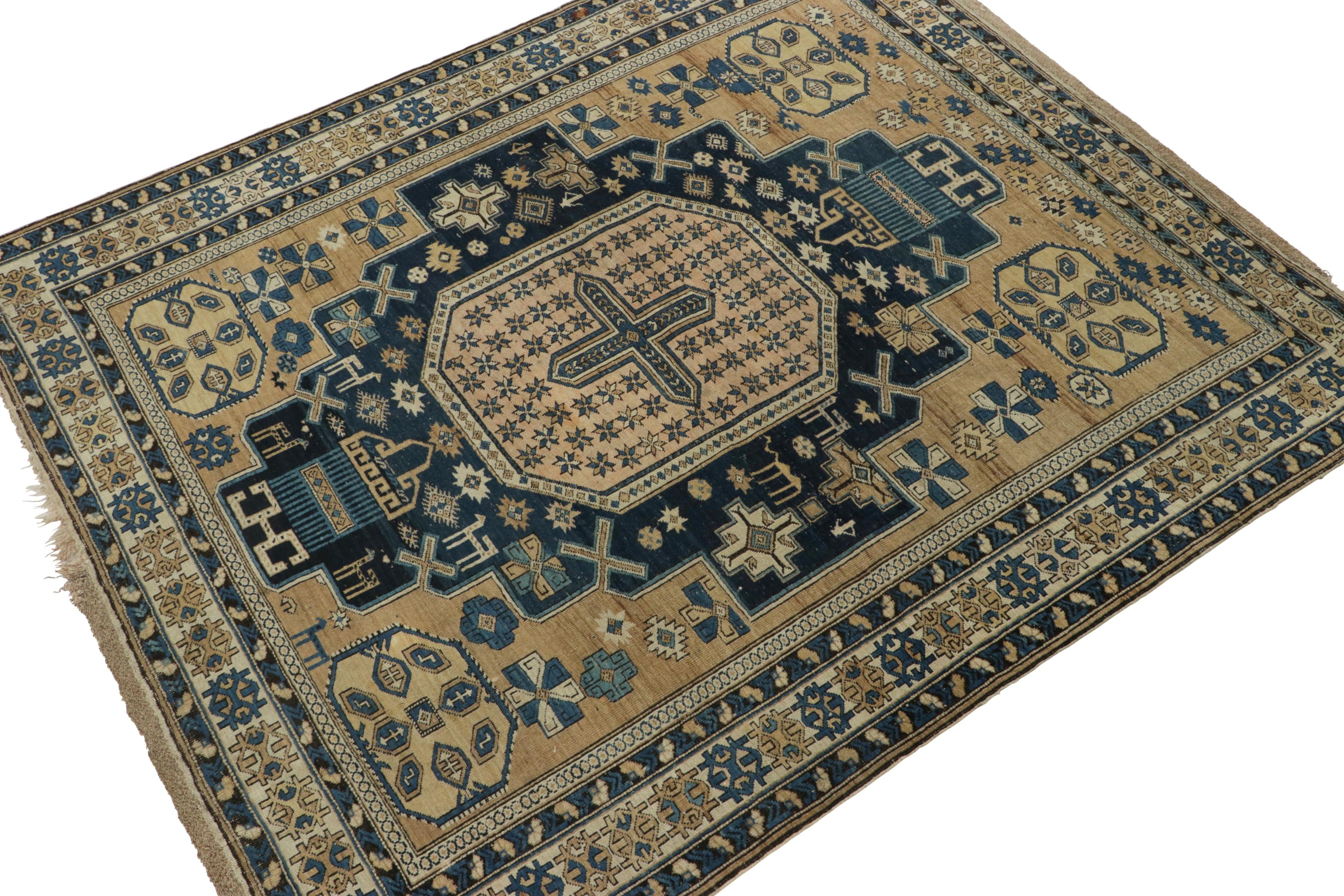 Hand-Knotted Antique Kuba Rug in Blue and Beige with Geometric Medallion - Rug & Kilim For Sale