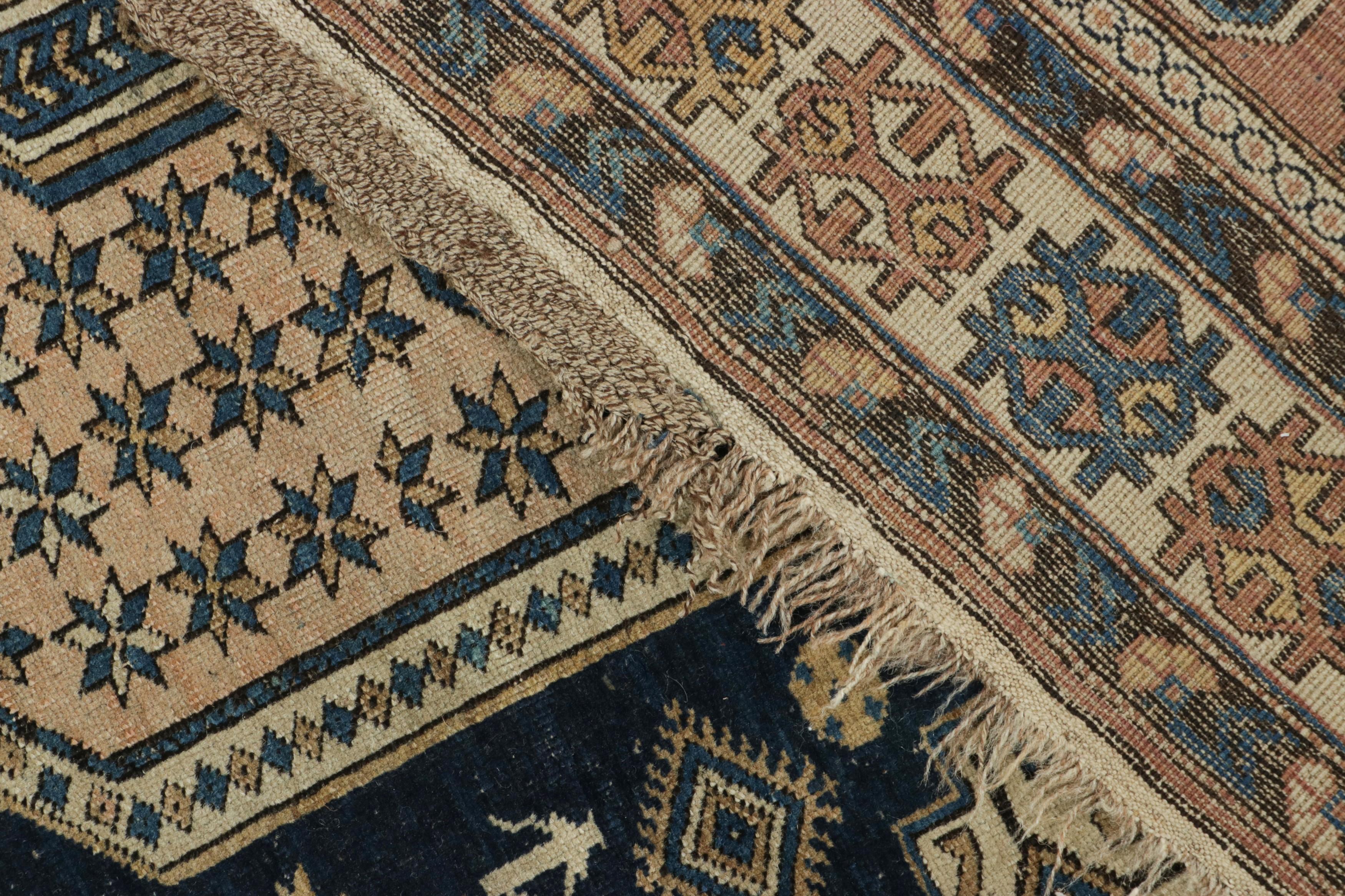 Wool Antique Kuba Rug in Blue and Beige with Geometric Medallion - Rug & Kilim For Sale