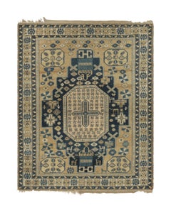 Antique Kuba Rug in Blue and Beige with Geometric Medallion - Rug & Kilim