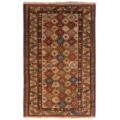 Antique Kuba Rug Transitional Beige Brown Red and Blue Geometric Tribal Pattern