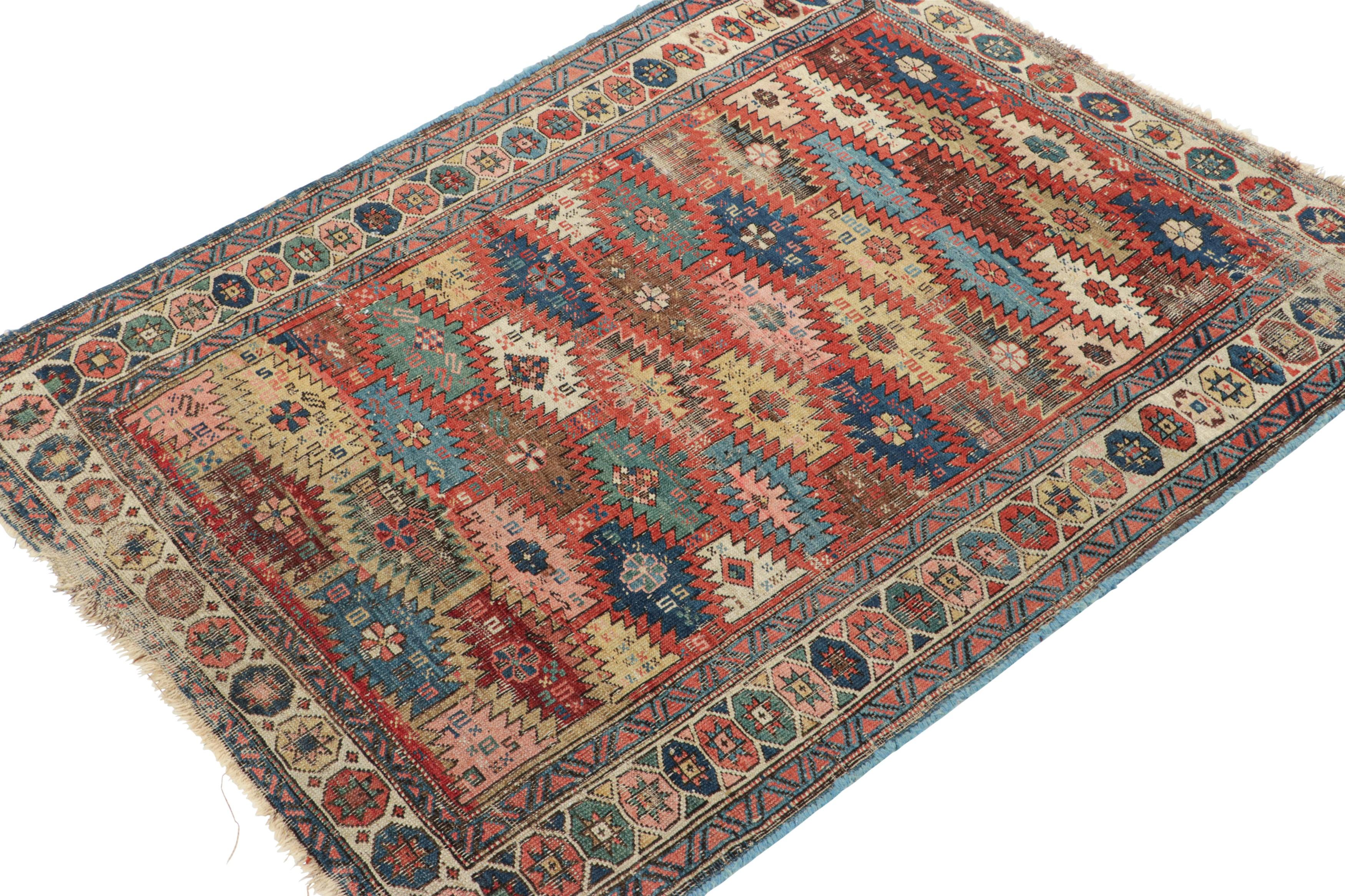 Hand-Knotted Antique Kuba Runner Rug in Red with Colorful Geometric Patterns - Rug & Kilim For Sale