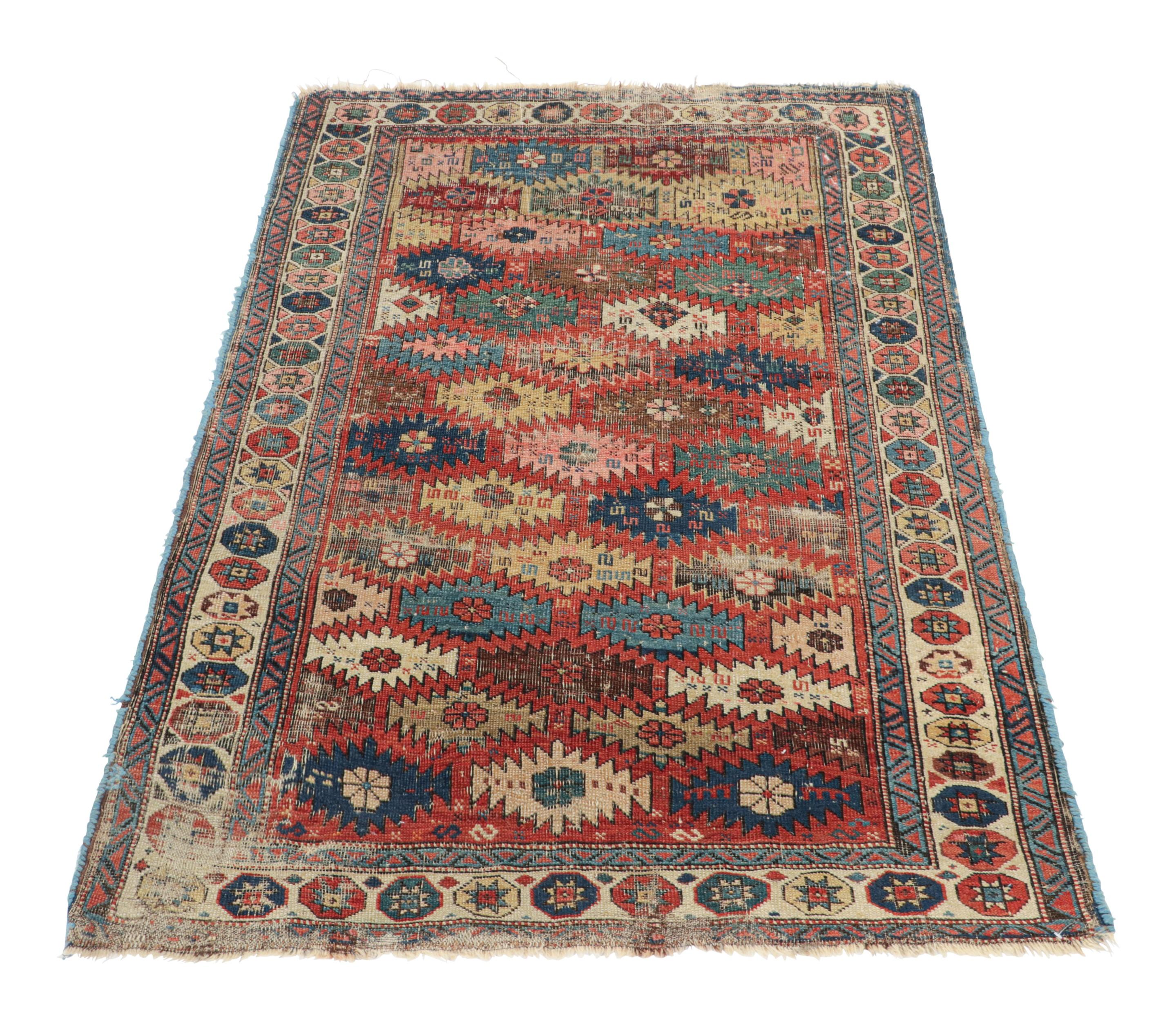 Antique Kuba Runner Rug in Red with Colorful Geometric Patterns - Rug & Kilim In Good Condition For Sale In Long Island City, NY
