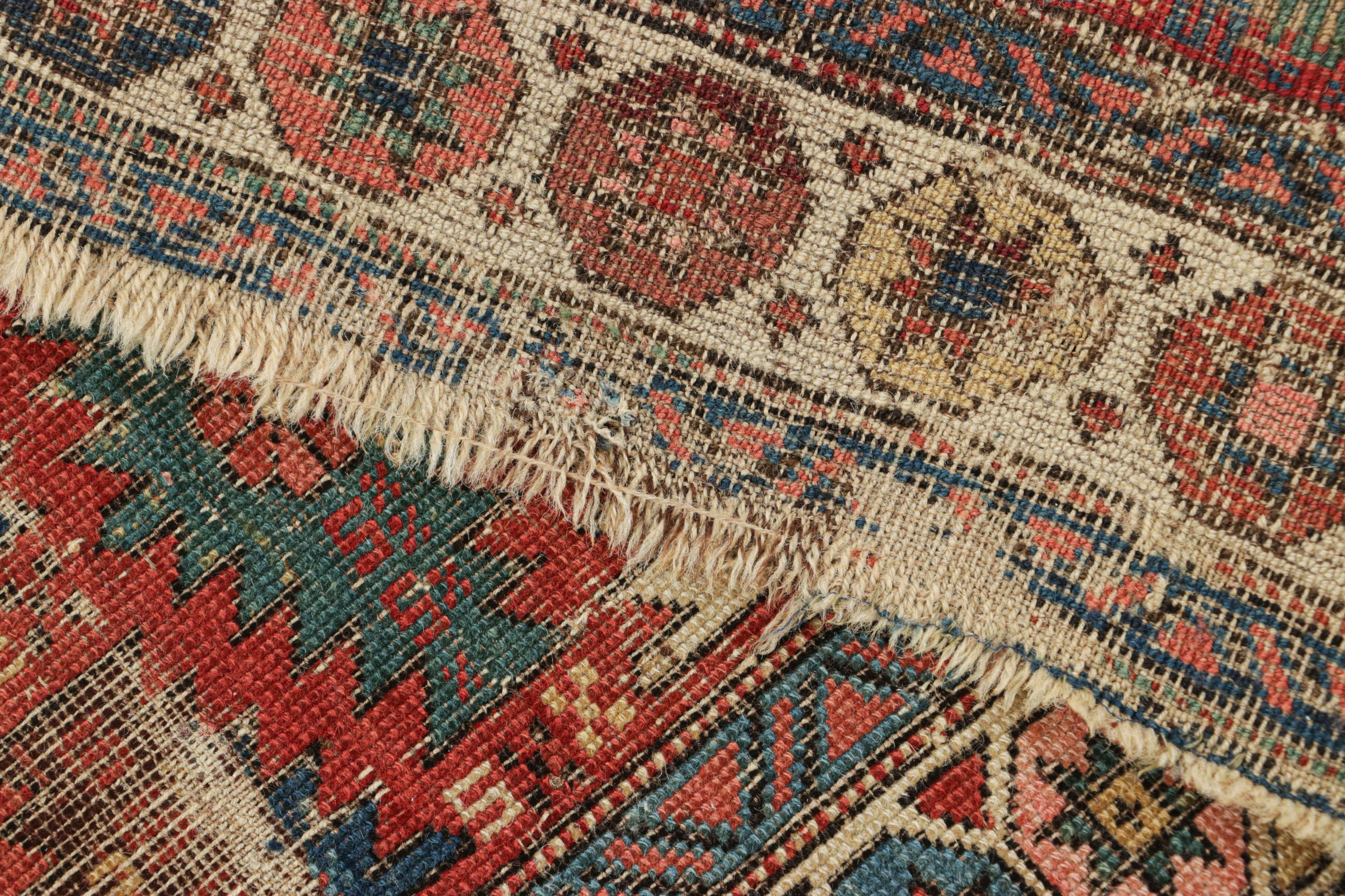 Wool Antique Kuba Runner Rug in Red with Colorful Geometric Patterns - Rug & Kilim For Sale