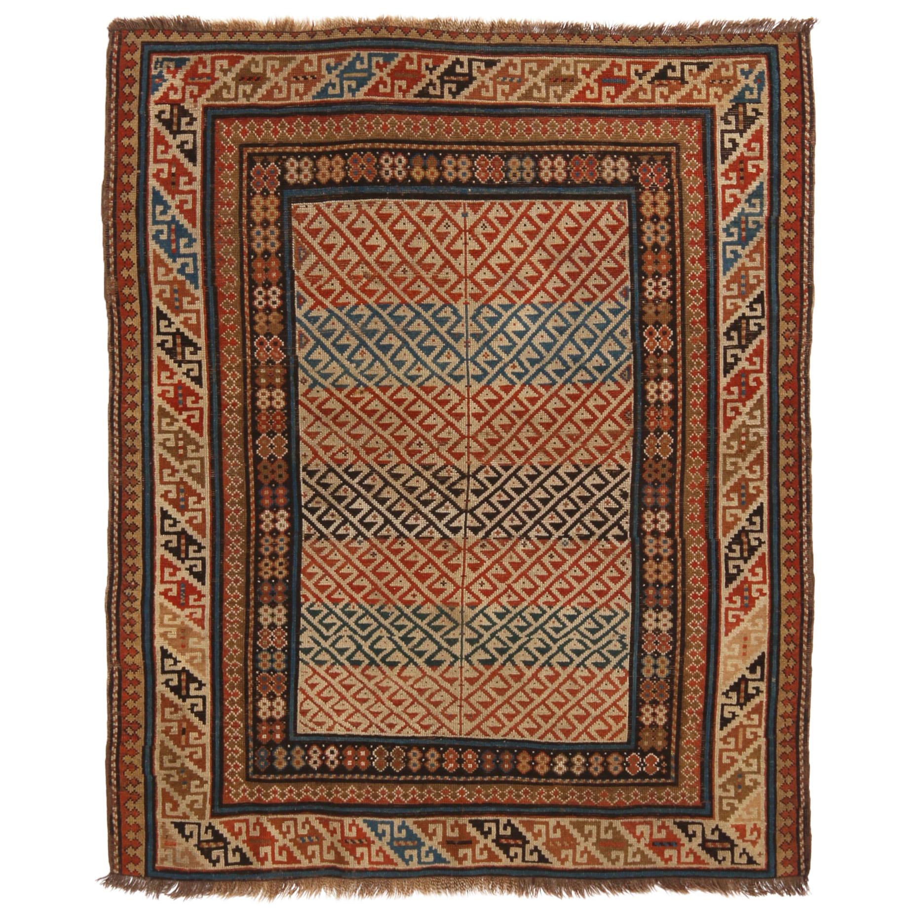 Antique Kuba Traditional Red and Beige Wool Rug