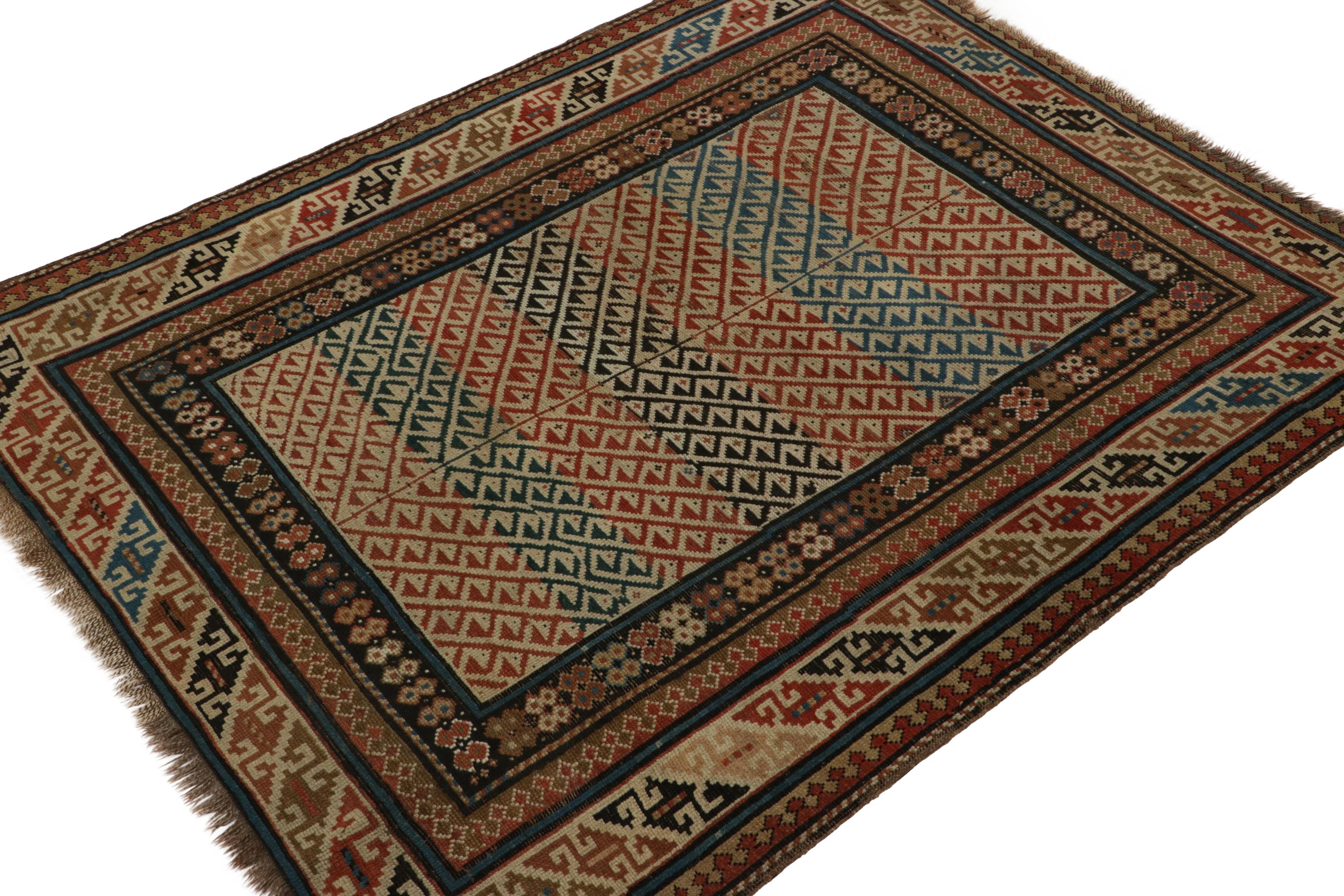 Russian Antique Kuba Rug in Red and Beige-Brown with Geometric Patterns - Rug & Kilim For Sale
