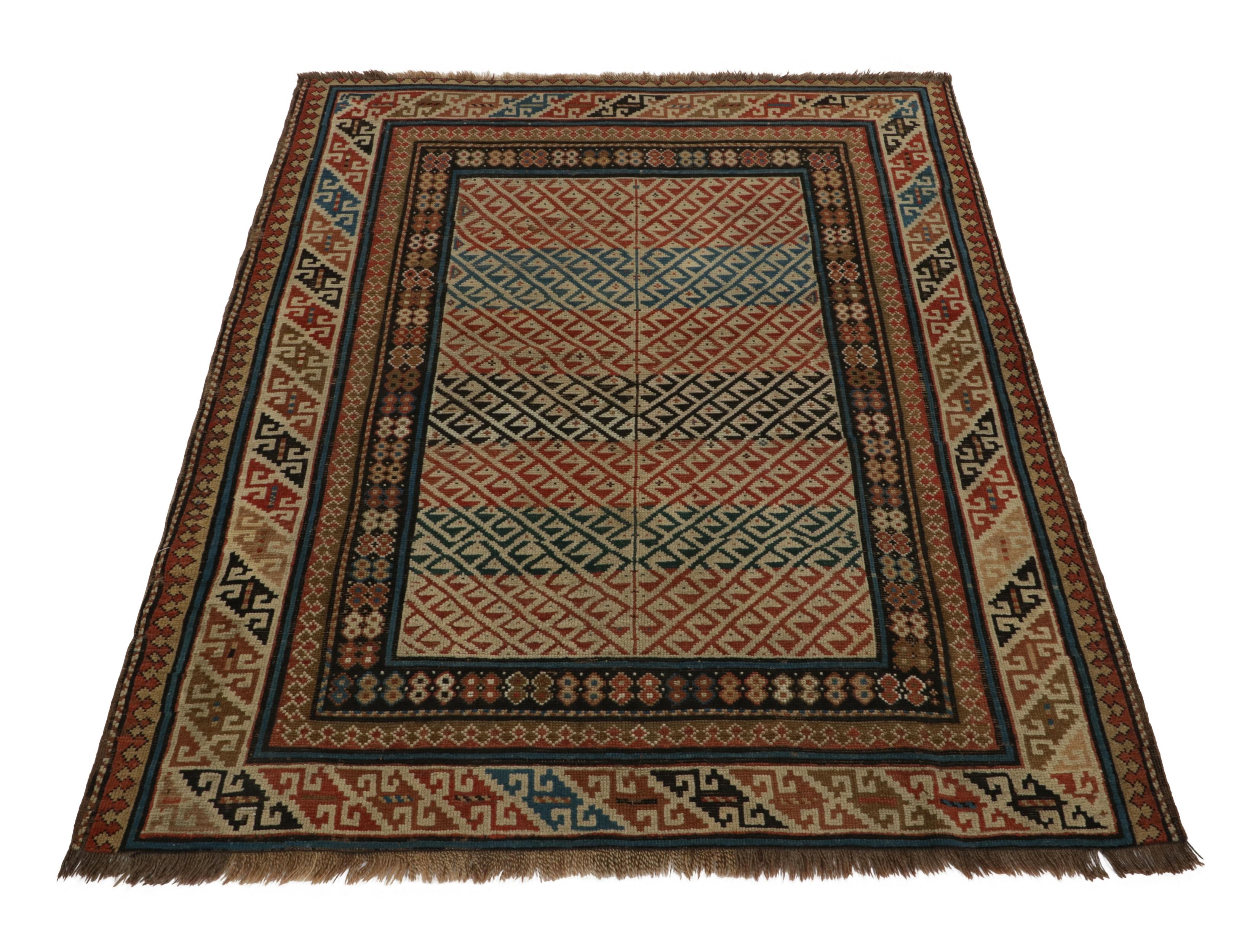 Hand-Knotted Antique Kuba Rug in Red and Beige-Brown with Geometric Patterns - Rug & Kilim For Sale