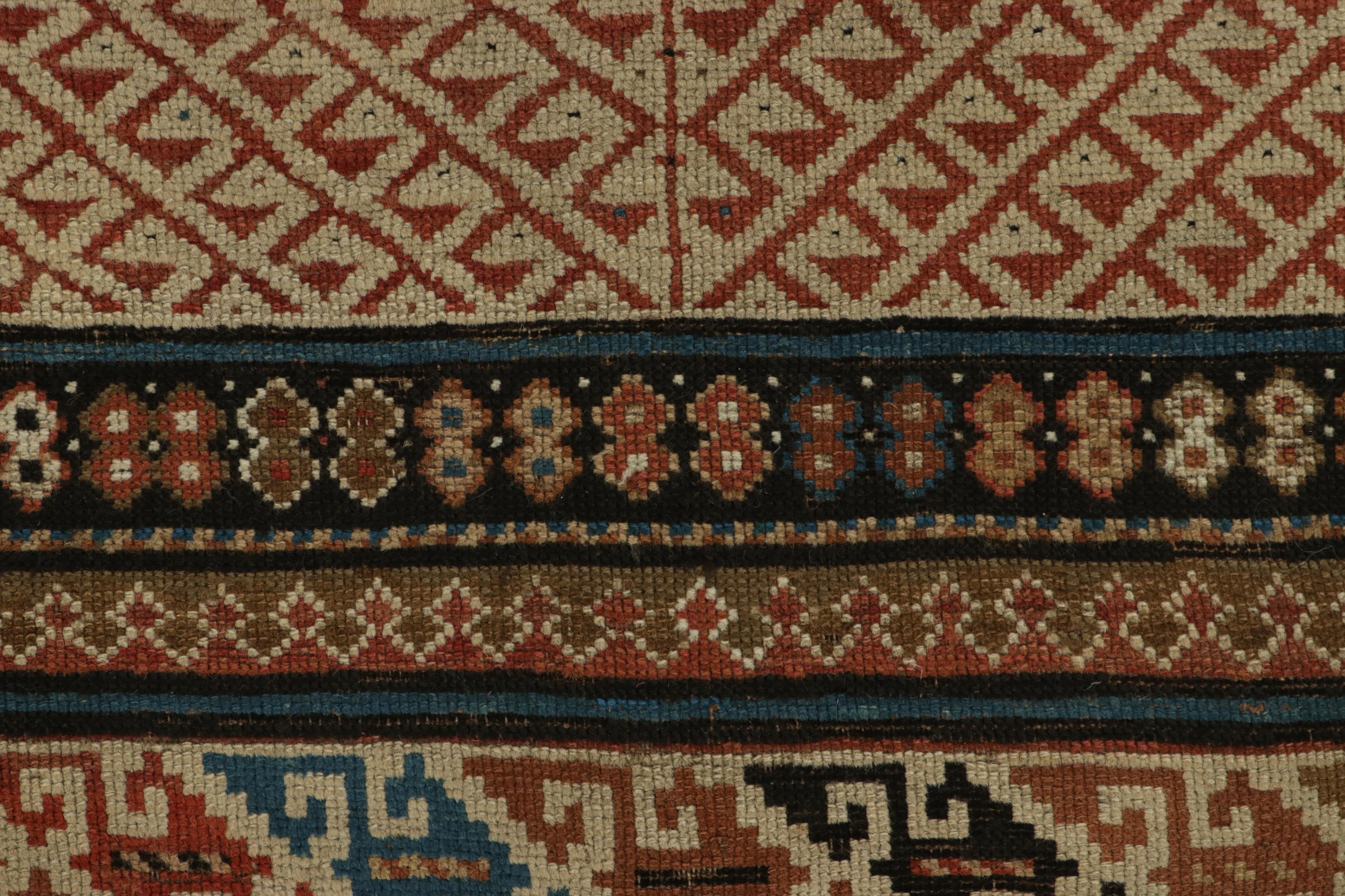 Hand-knotted in wool and originating from Russia circa 1880-1890, this 4x5 antique rug of Kuba provenance is the latest addition to our Antique collections. 

On the Design 

Admirers of the craft may appreciate this very special antique rug for