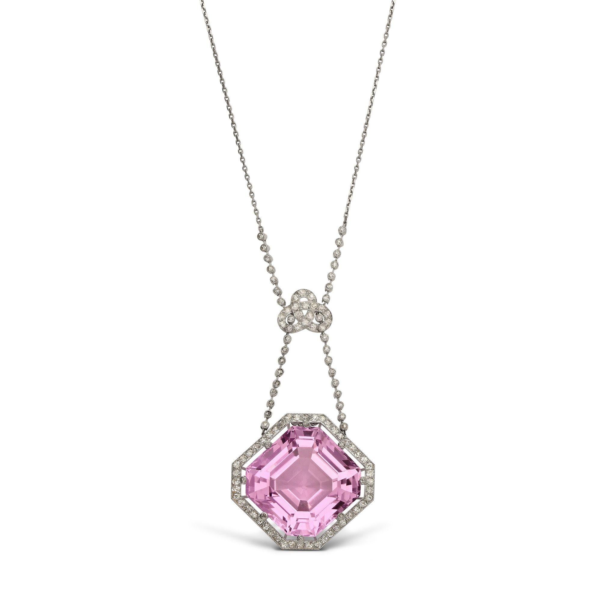 Antike Kunzit & Diamant Halskette/Brosche um 1910 (Carréeschliff) im Angebot