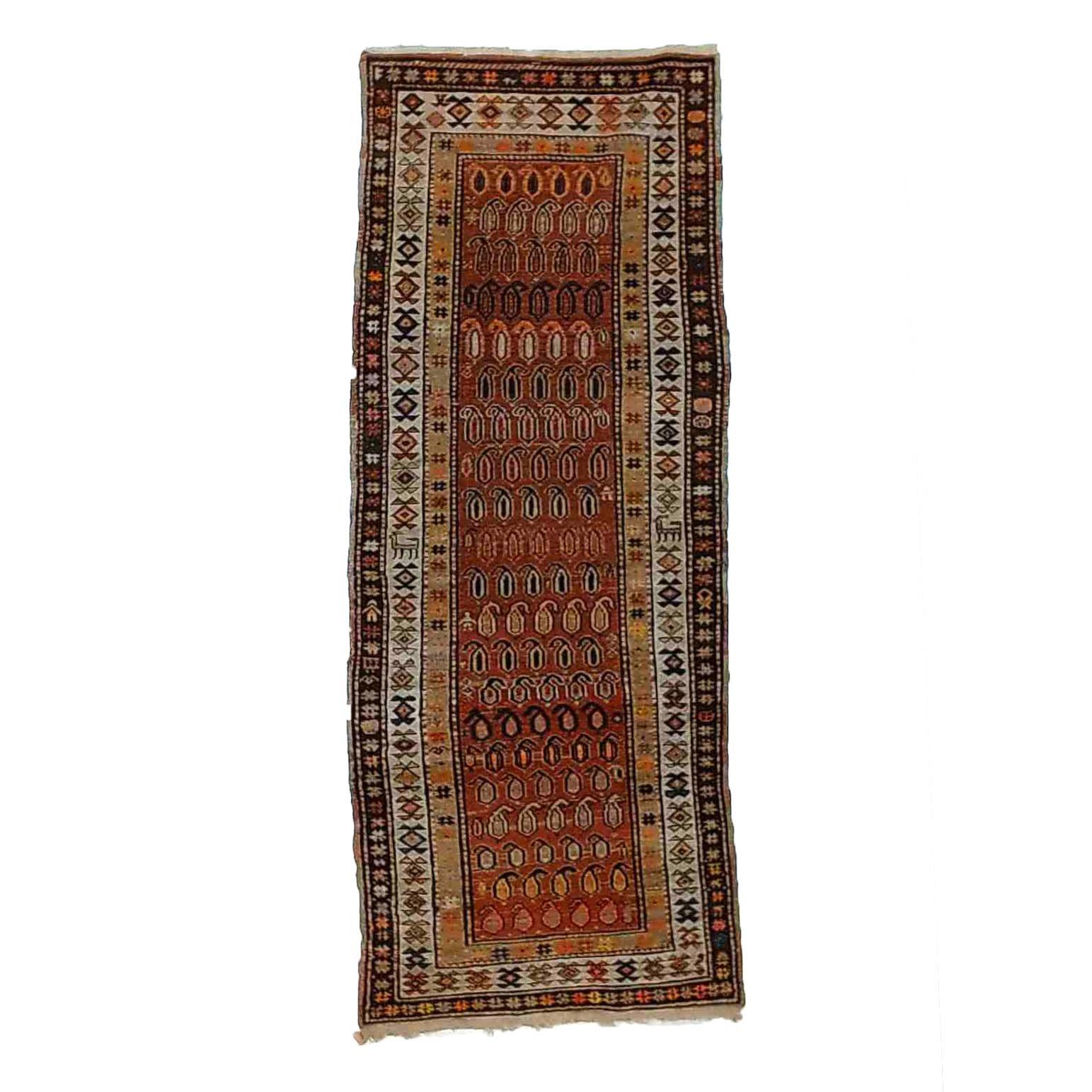 Asian Antique Kurd Oriental Wool Long Rug Runner Circa 1920, Approx 3' X 10' For Sale