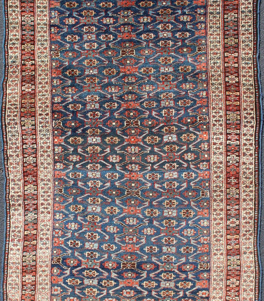 Malayer Antique Kurdish Gallery Rug with All-Over Geometric Herati Design in Steel Blue For Sale
