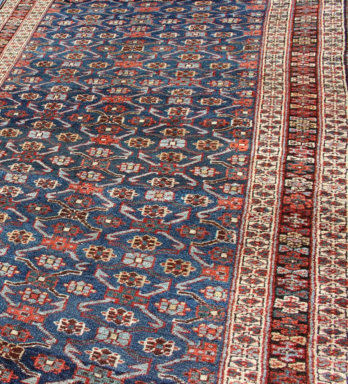 Persian Antique Kurdish Gallery Rug with All-Over Geometric Herati Design in Steel Blue For Sale