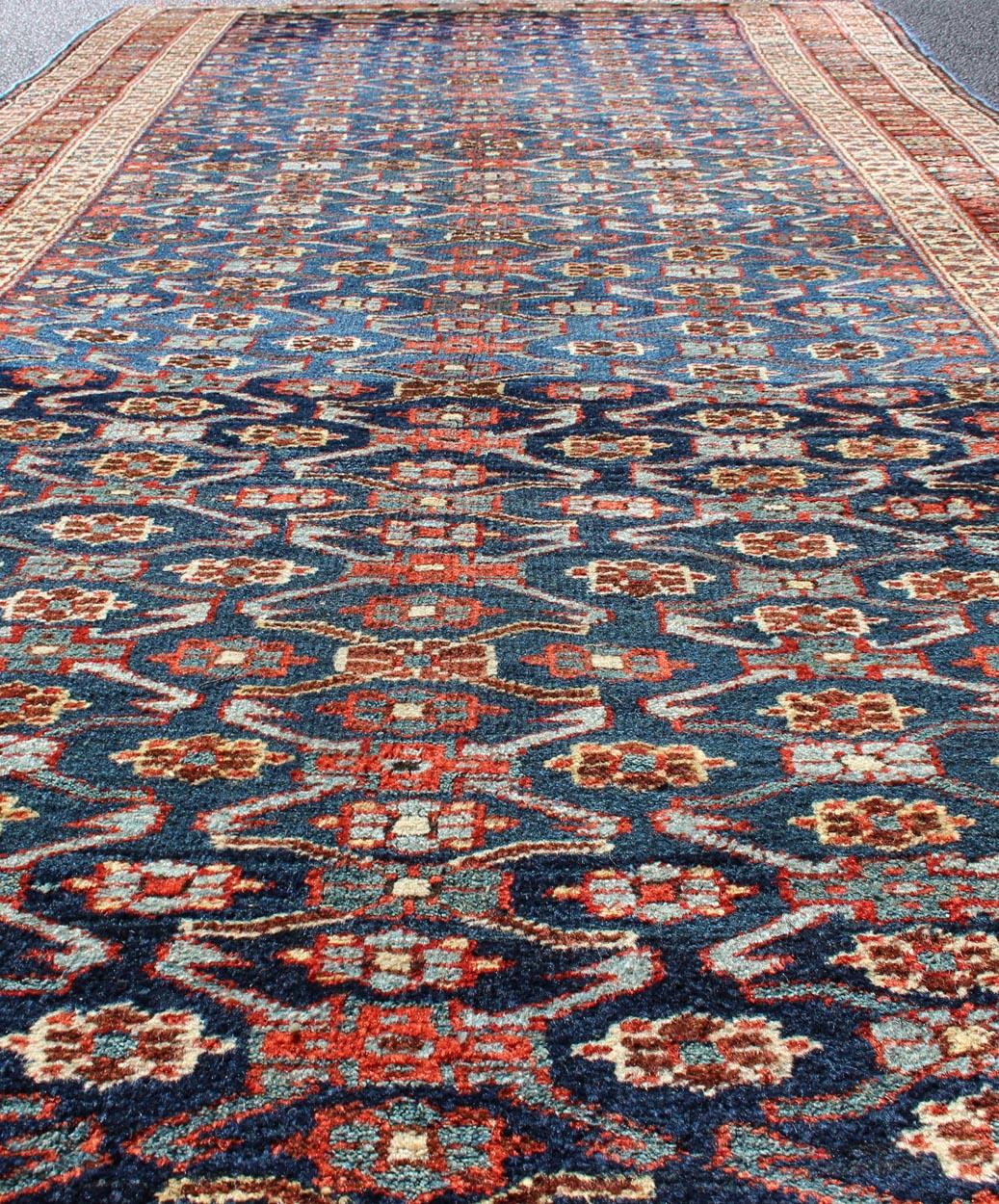 Hand-Knotted Antique Kurdish Gallery Rug with All-Over Geometric Herati Design in Steel Blue For Sale