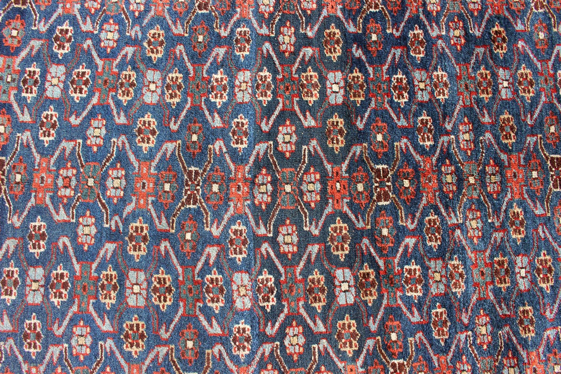 Antique Kurdish Gallery Rug with All-Over Geometric Herati Design in Steel Blue In Excellent Condition For Sale In Atlanta, GA