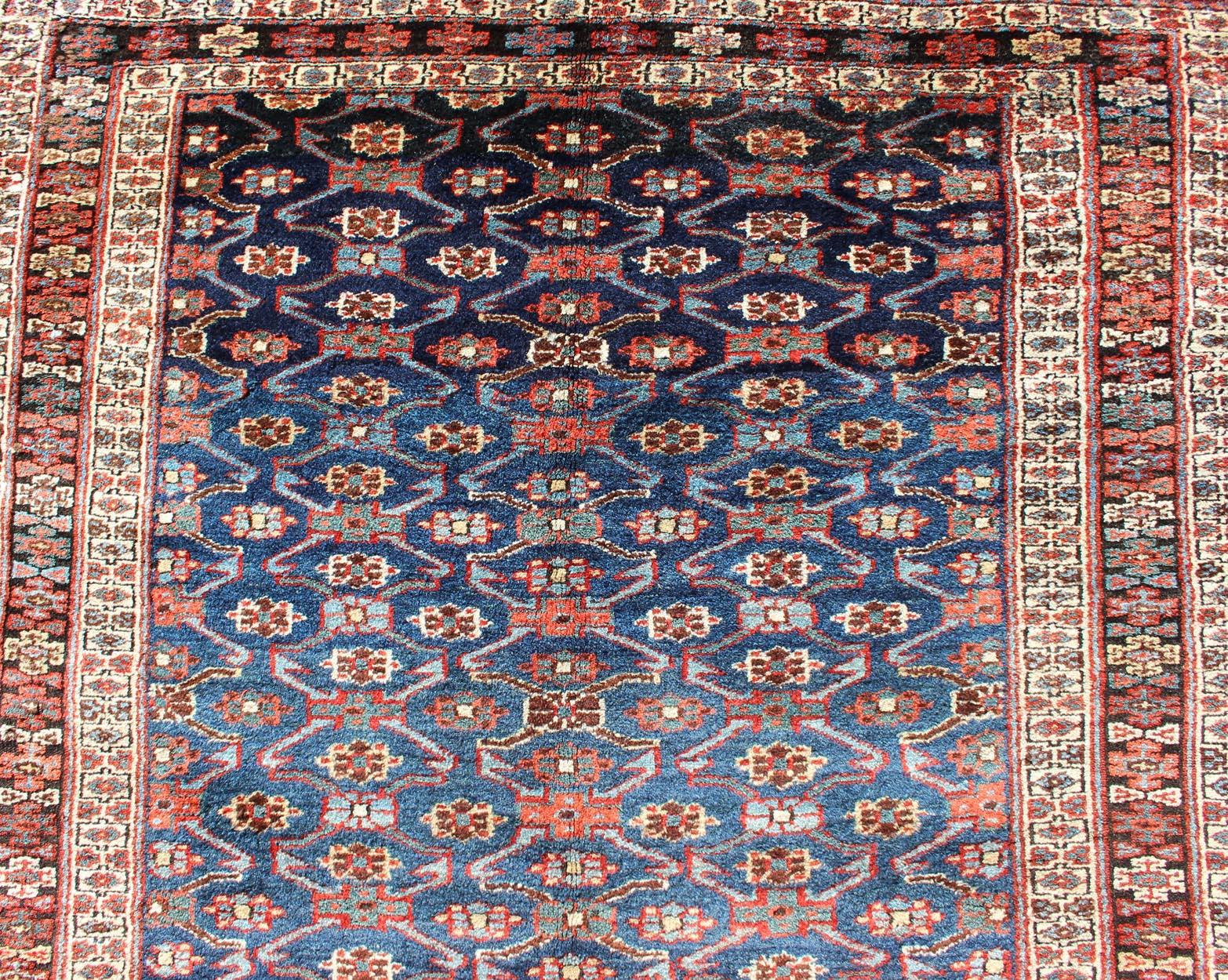Early 20th Century Antique Kurdish Gallery Rug with All-Over Geometric Herati Design in Steel Blue For Sale