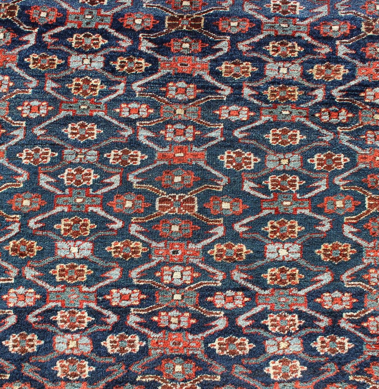 Wool Antique Kurdish Gallery Rug with All-Over Geometric Herati Design in Steel Blue For Sale
