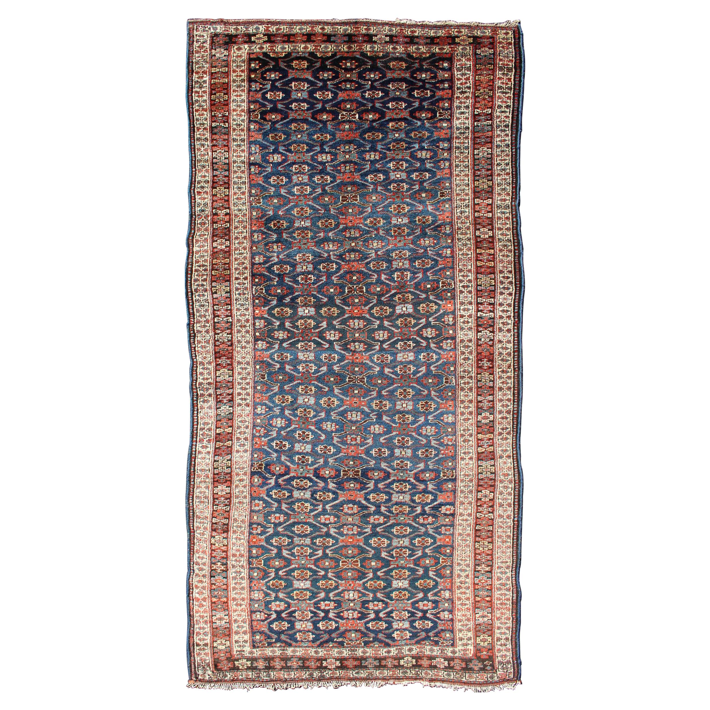 Antique Kurdish Gallery Rug with All-Over Geometric Herati Design in Steel Blue For Sale
