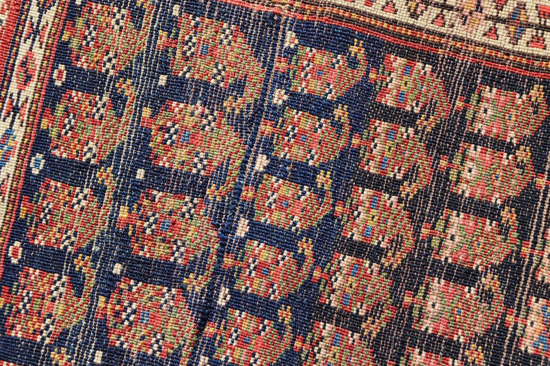 20th Century Antique Kurdish Gallery Runner In All-Over Geometric Design on a Blue Background For Sale