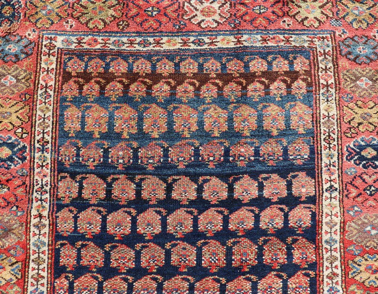 Hand-Knotted Antique Kurdish Gallery Runner In All-Over Geometric Design on a Blue Background For Sale