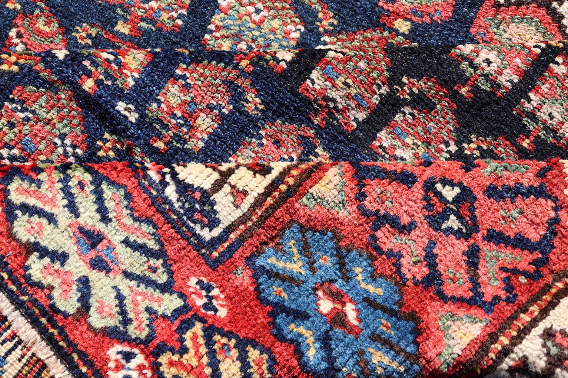 Antique Kurdish Gallery Runner In All-Over Geometric Design on a Blue Background In Good Condition For Sale In Atlanta, GA