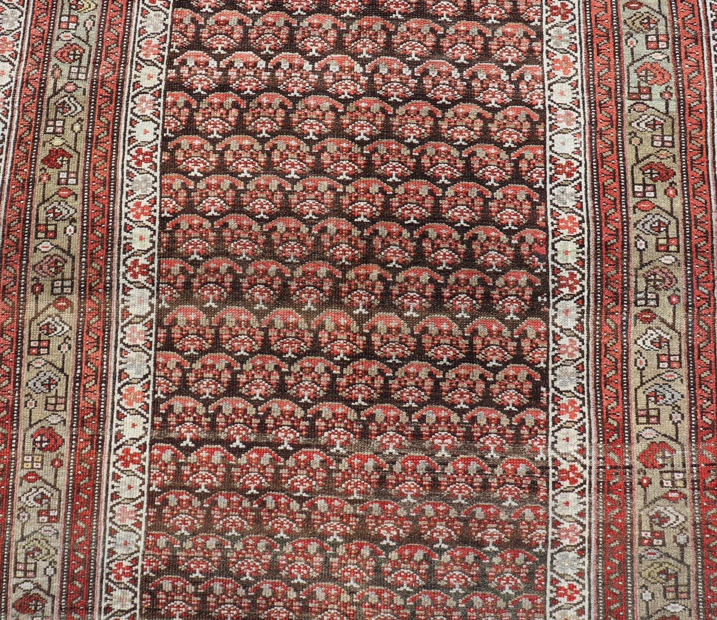 Antique Kurdish Gallery Runner with All-Over Paisley Design in Brown, Red, Green For Sale 3