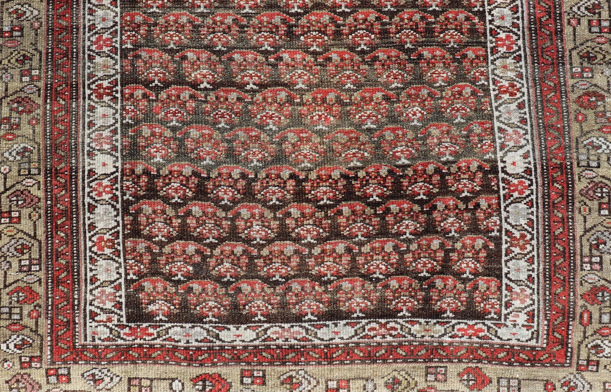 Malayer Antique Kurdish Gallery Runner with All-Over Paisley Design in Brown, Red, Green For Sale