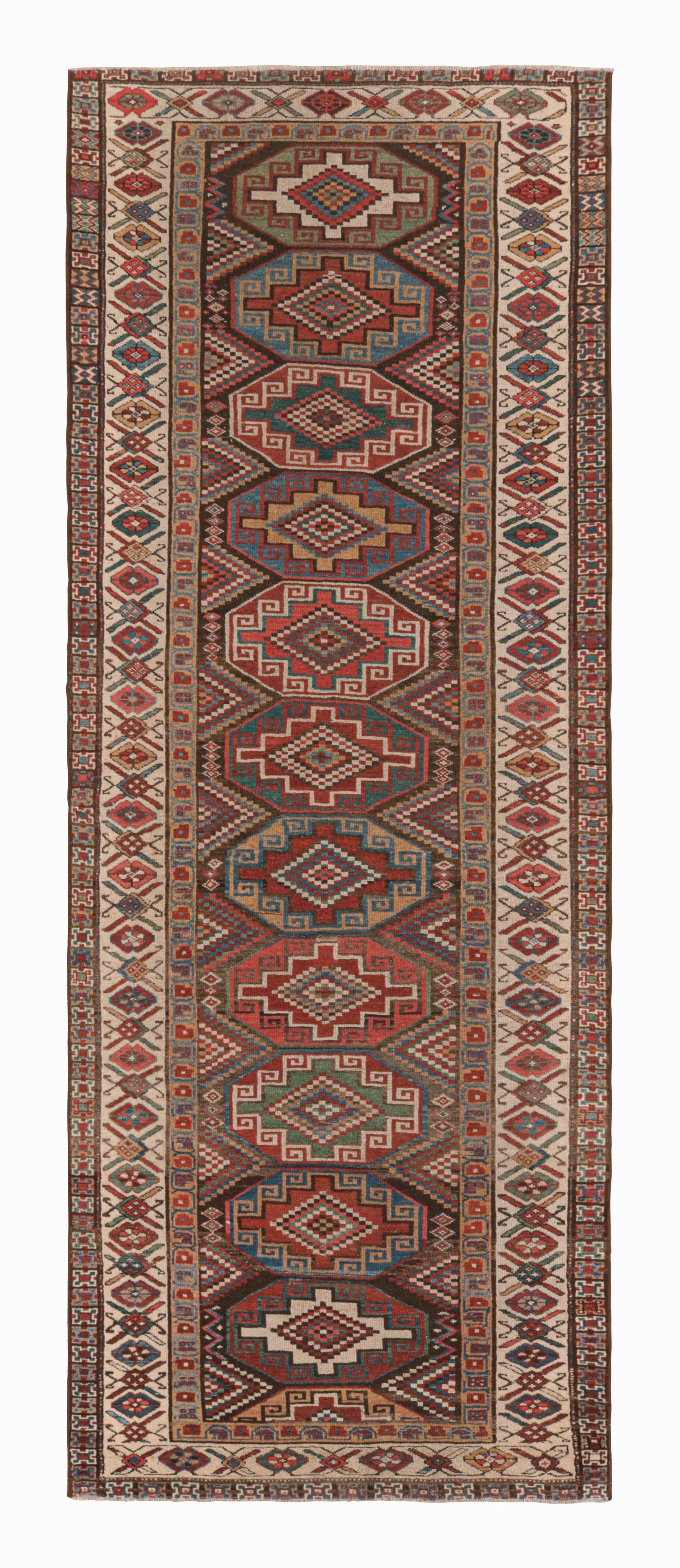Antique Kurdish Geometric Beige and Red Wool Persian Runner by Rug & Kilim