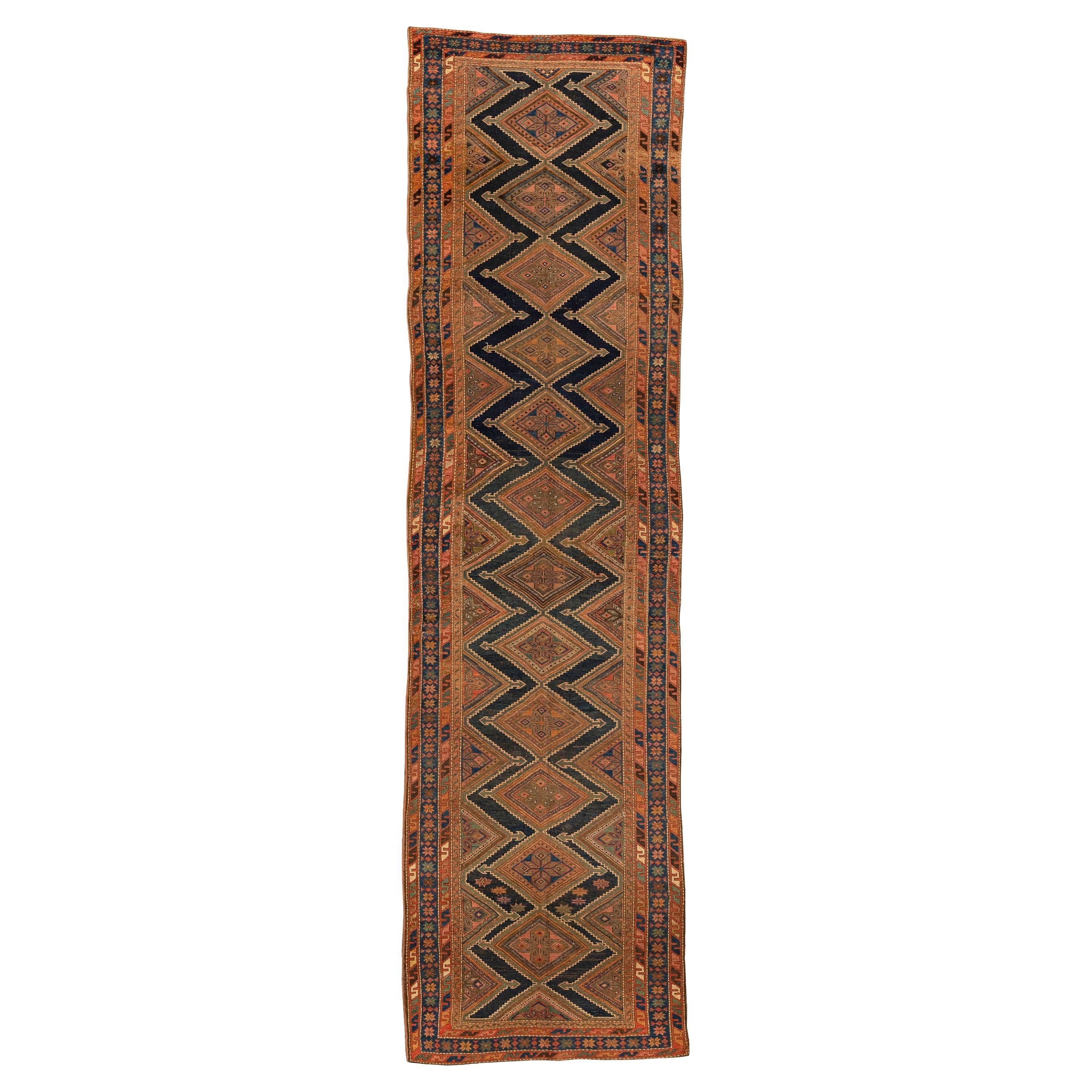 Antique Kurdish Geometric Runner in Wool  19th Century Tribal Design