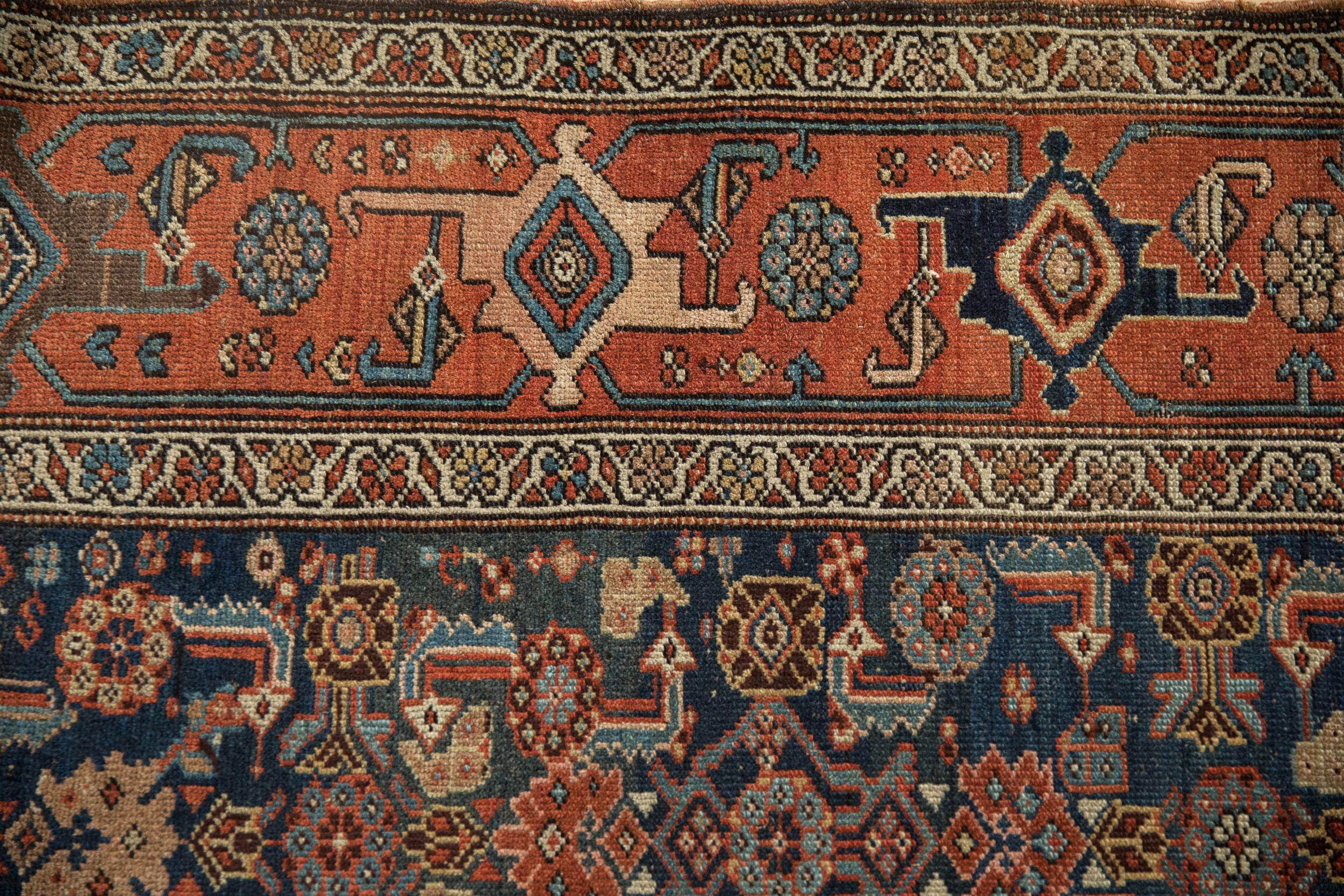 :: Main field in a geometric Herati design motif with wide banded Samovar stylized main border. Colors and shades include: Navy blue, terracotta, dusty sky blue, aubergine, antique ivory, dusty sapphire blue, cobalt blue, powder blue, coffee brown,