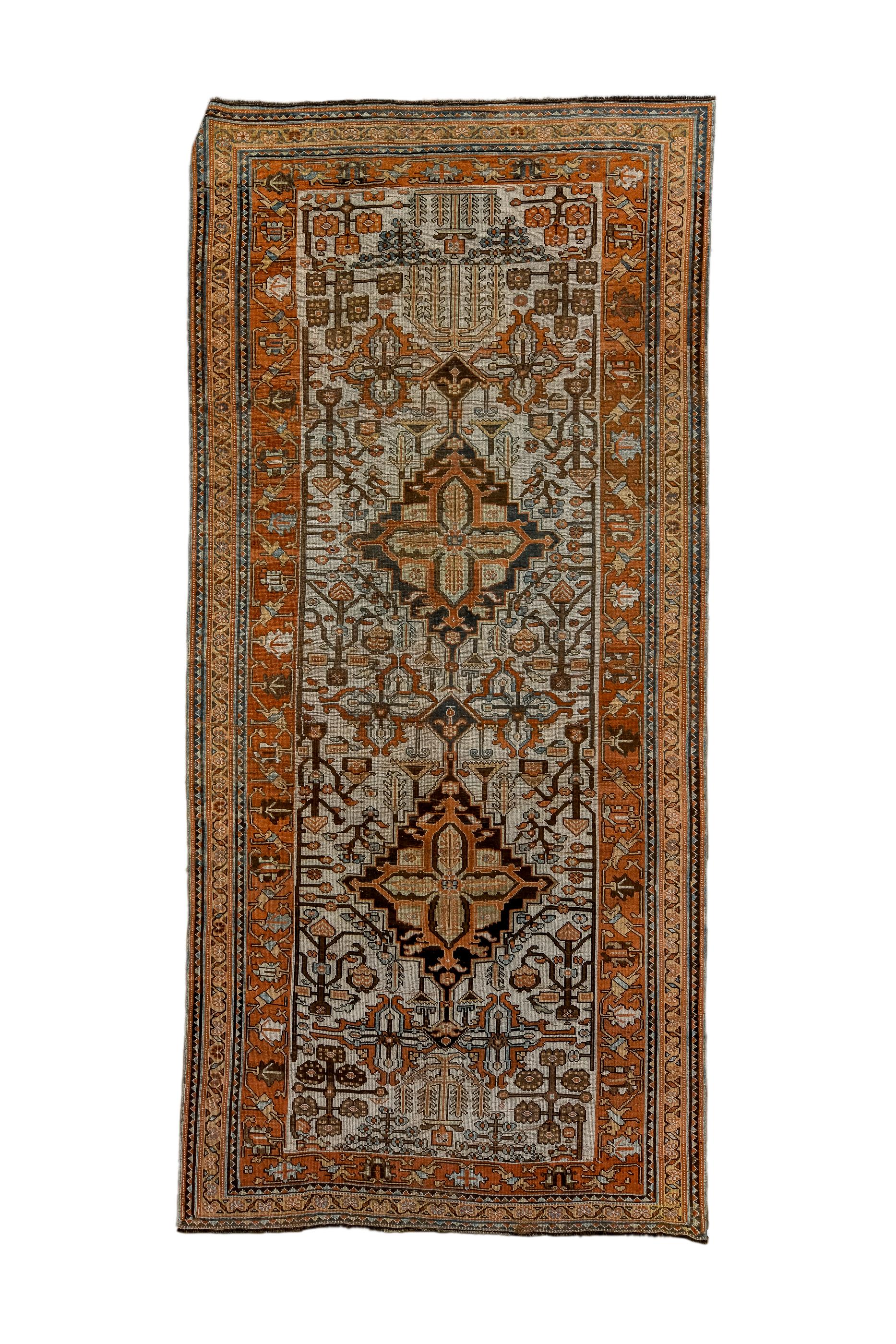 This interesting village kellegi (long rug) features two stepped chocolate medallions against an ecru field filled with semi-geometric flowers, weeping willows, four palmette crosses, dangling flowerheads and other amusing devices. The rust main