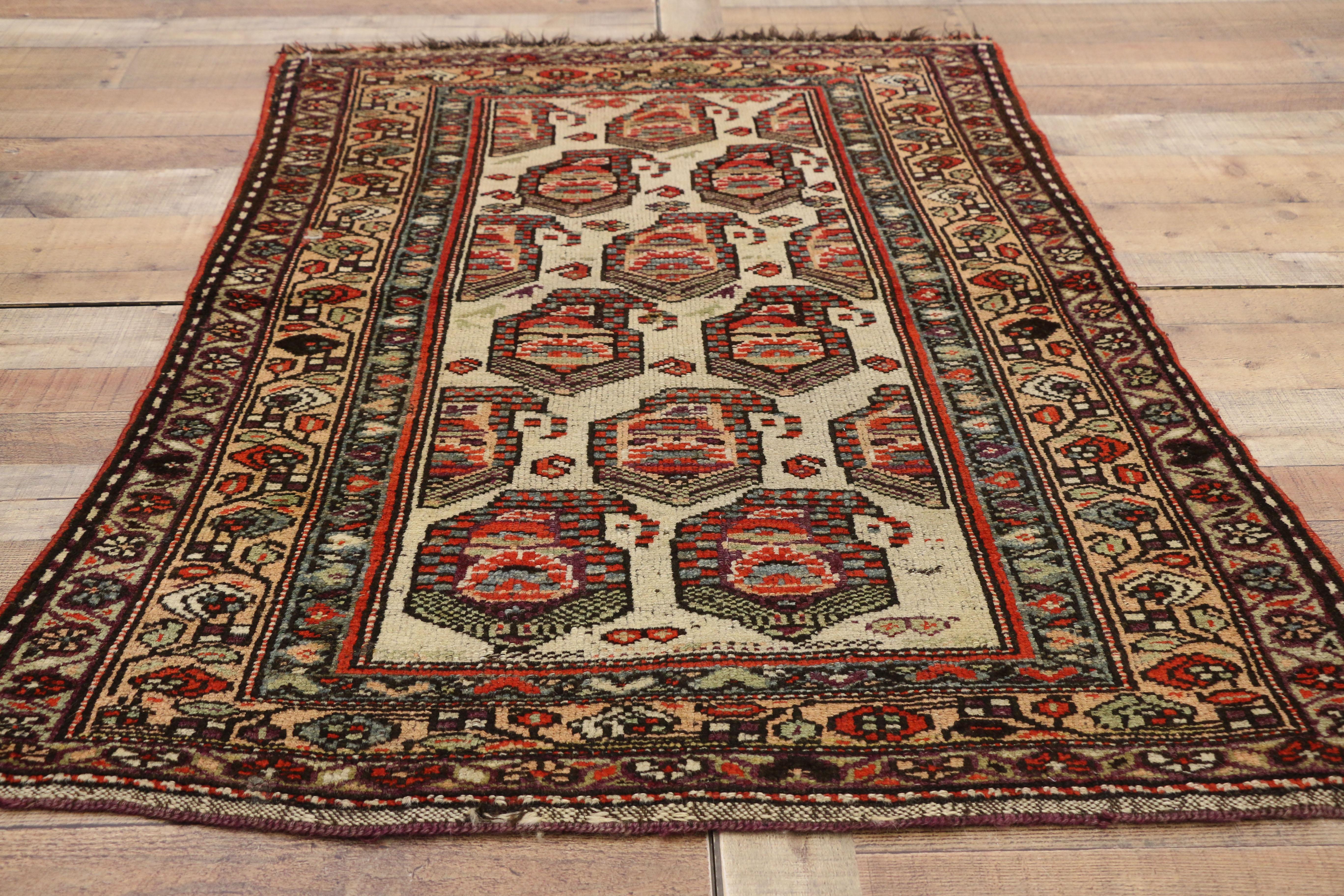 Hand-Knotted Antique Kurdish Persian Accent Rug with Boteh Pattern in Traditional Style For Sale