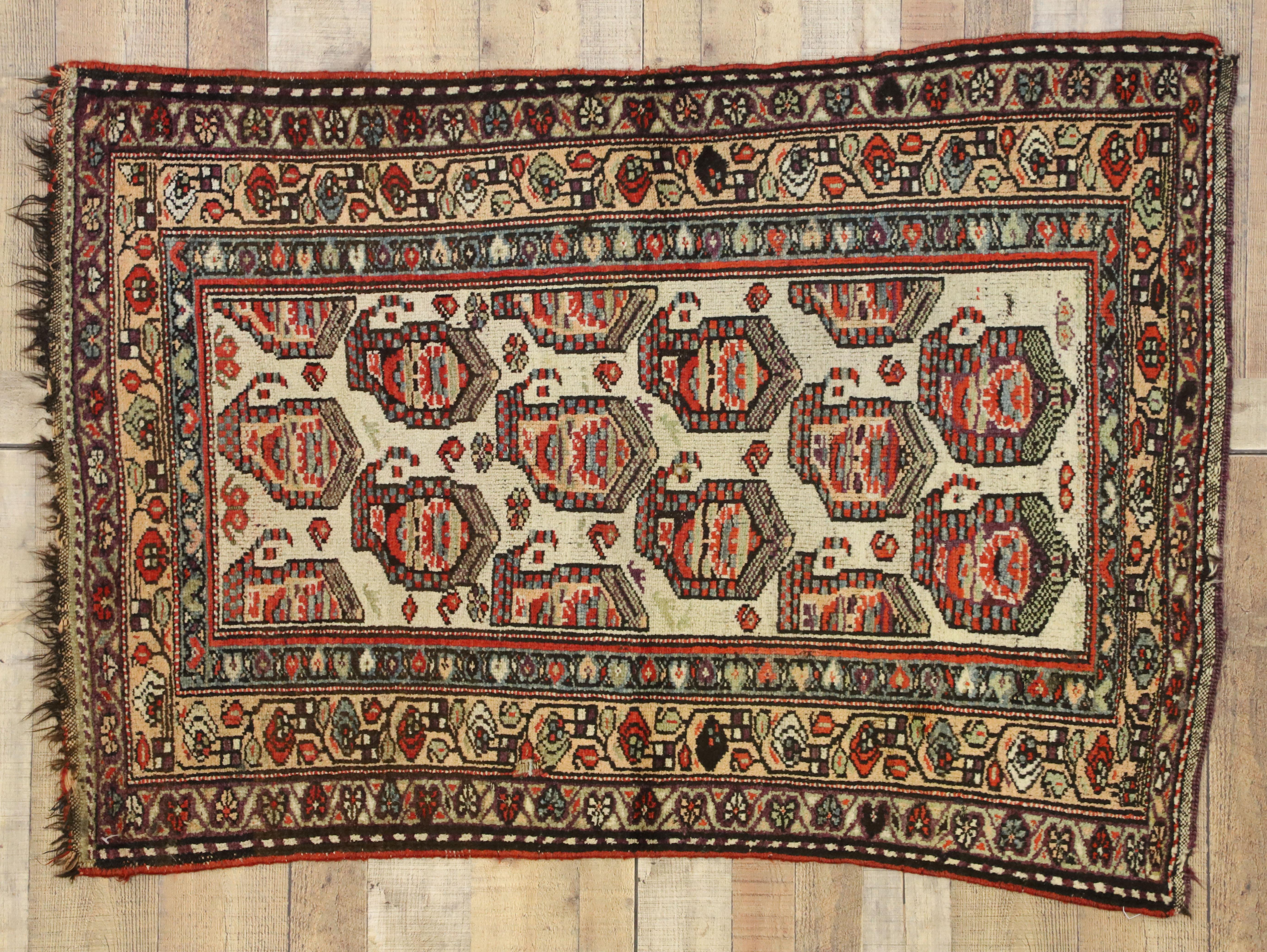 Antique Kurdish Persian Accent Rug with Boteh Pattern in Traditional Style In Distressed Condition For Sale In Dallas, TX