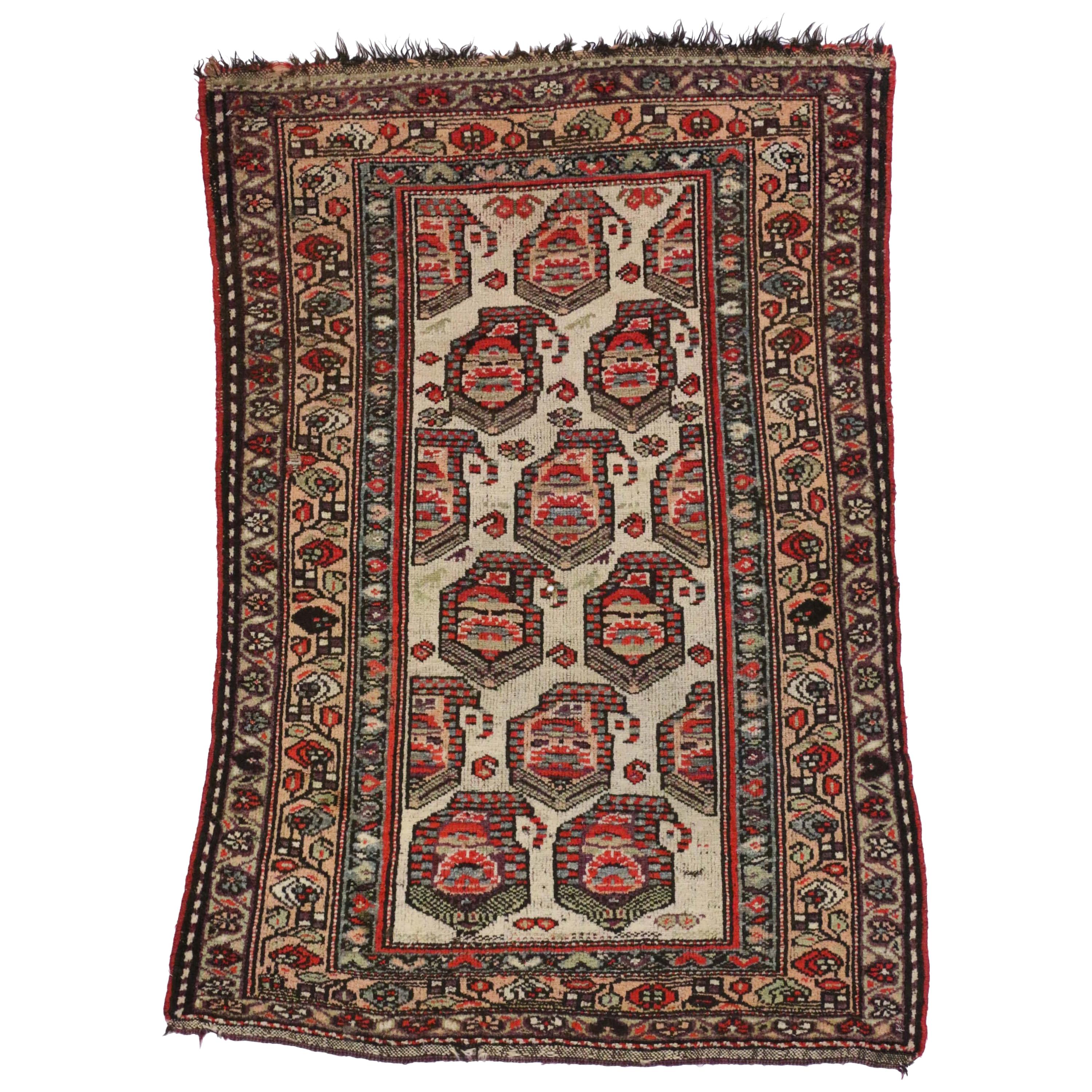 Antique Kurdish Persian Accent Rug with Boteh Pattern in Traditional Style For Sale
