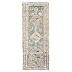 Antique Kurdish Persian Runner with Tribal Geometric Design in Green & Lt. Blue