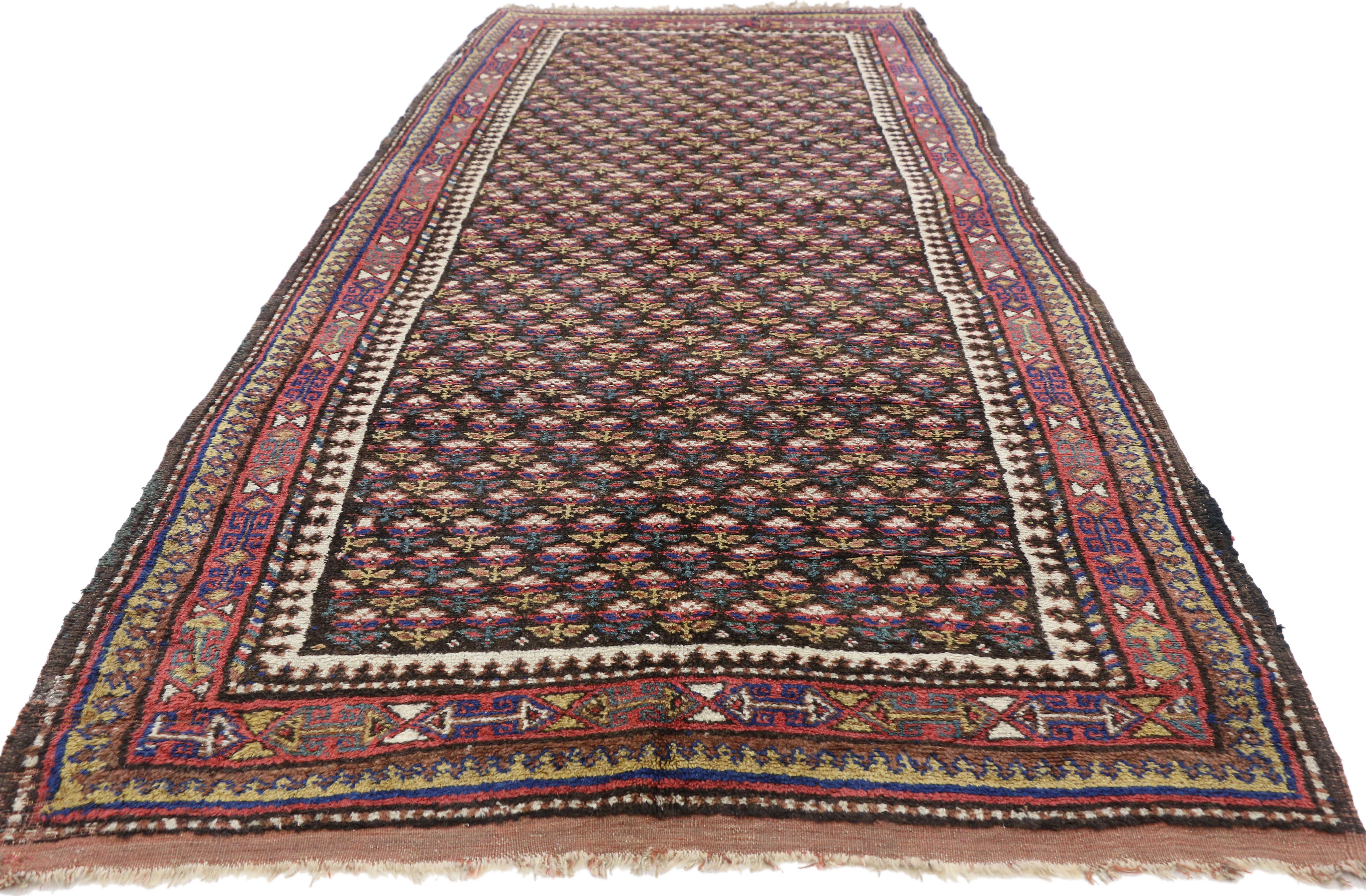 Arts and Crafts Antique Kurdish Persian Runner with Victorian Cottage Style, Wide Hallway Runner For Sale