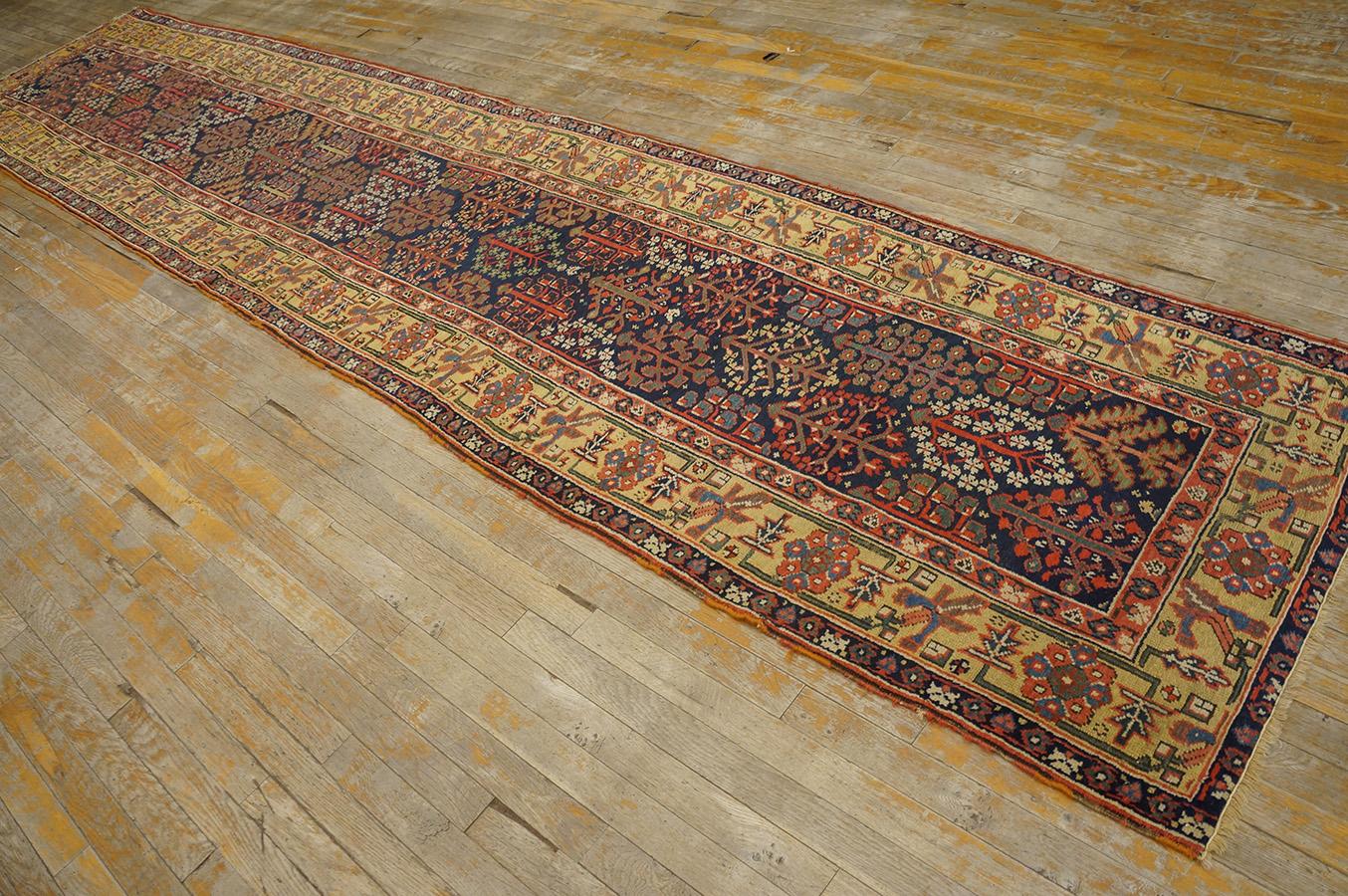 Hand-Knotted Mid 19th Century W. Persian Kurdish Shrub Runner Carpet (3' x 14'6'' - 90 x 443) For Sale