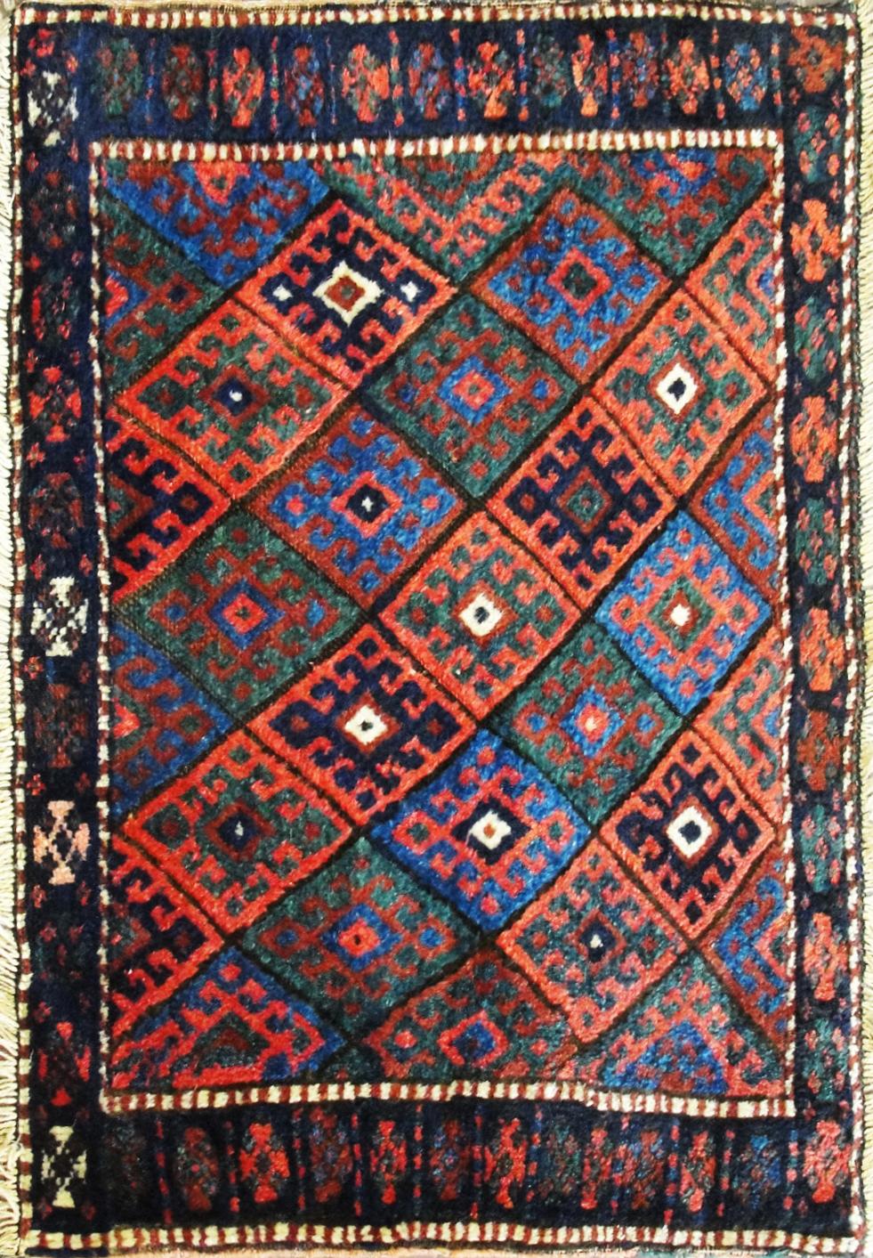 Irresistible Color Antique Tribal Kurdish Rug/Bag Jaff c-1900's, 2' x 3'.
This is an authentic handmade rug bringing a primitive feel to the room. It was made in Kurdish town circa 1900s or before. The Kurdish tribes create fascinating Persian rugs