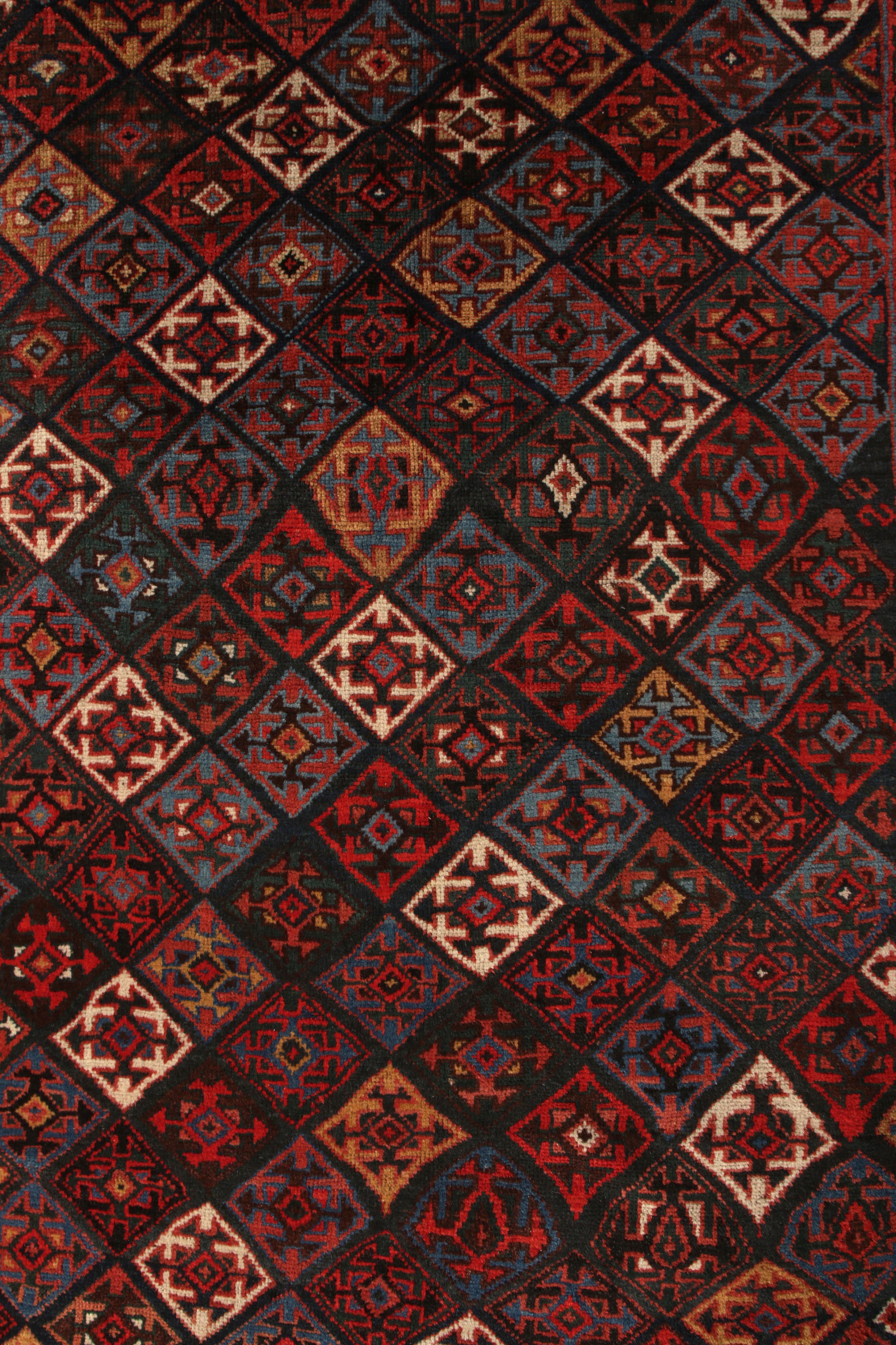 Hand-Knotted Antique Kurdish Rug Red and Blue Persian Tribal Pattern