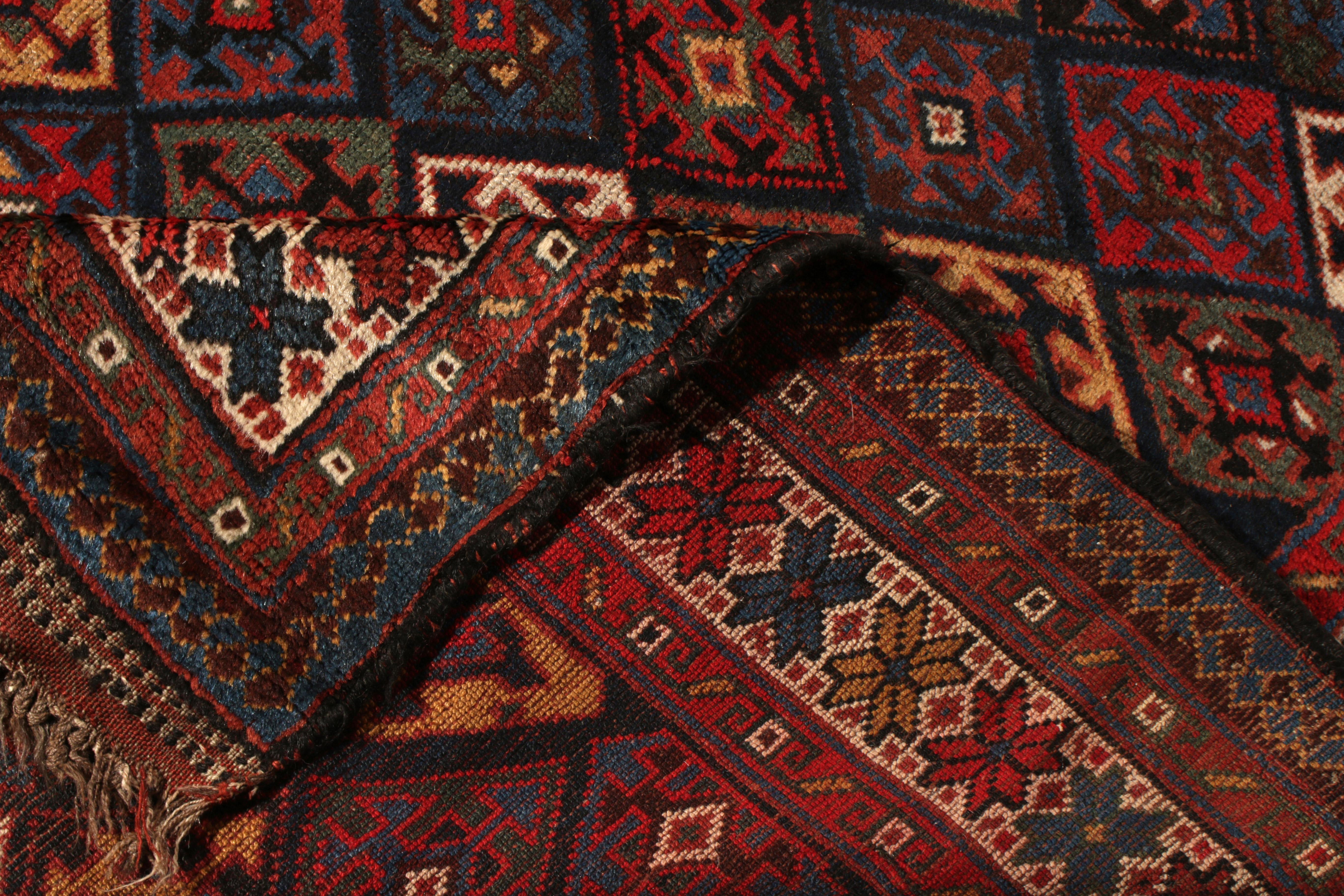 Antique Kurdish Rug Red and Blue Persian Tribal Pattern In Good Condition In Long Island City, NY